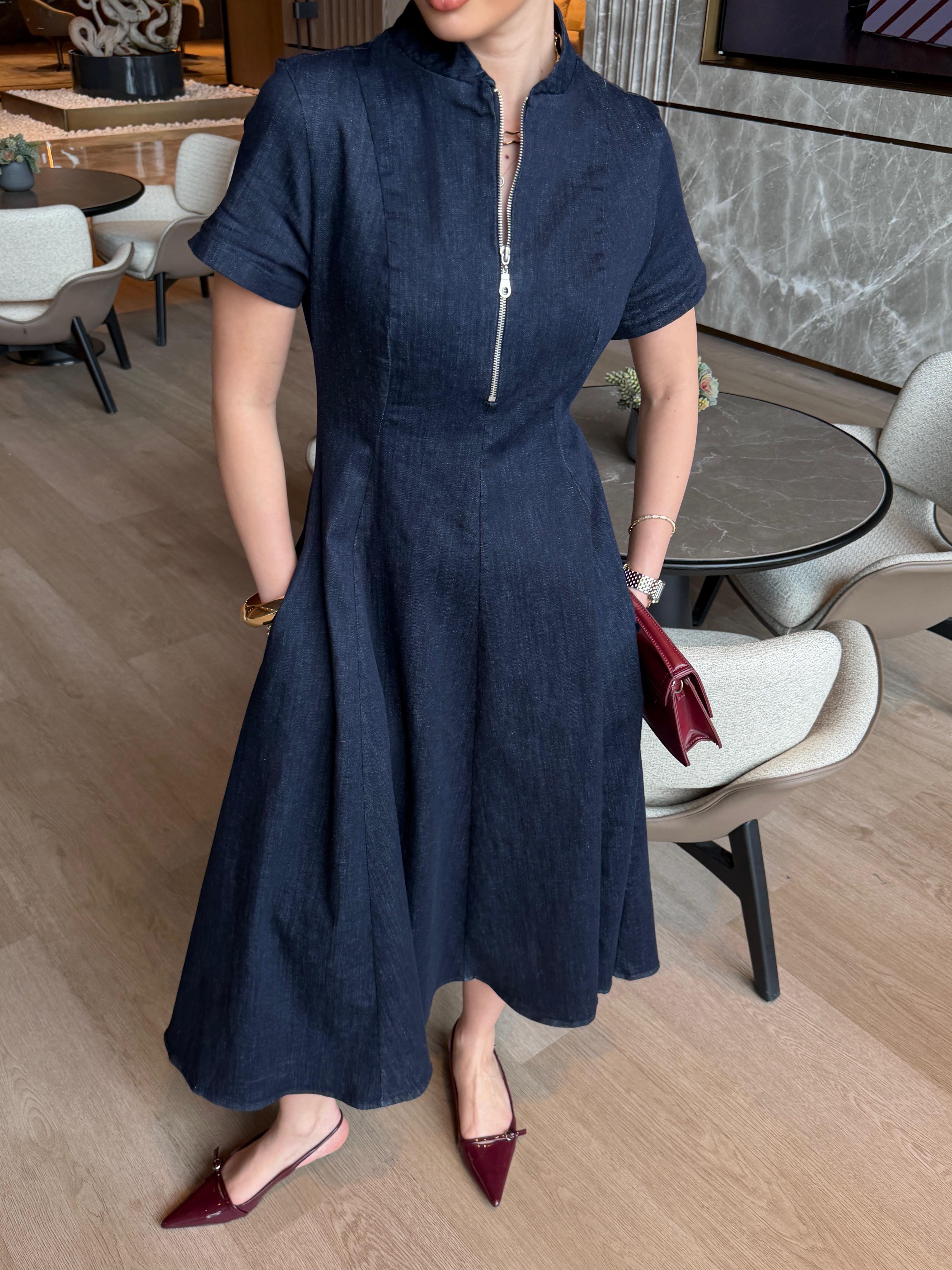 Önü Fermuarlı Denim Elbise 