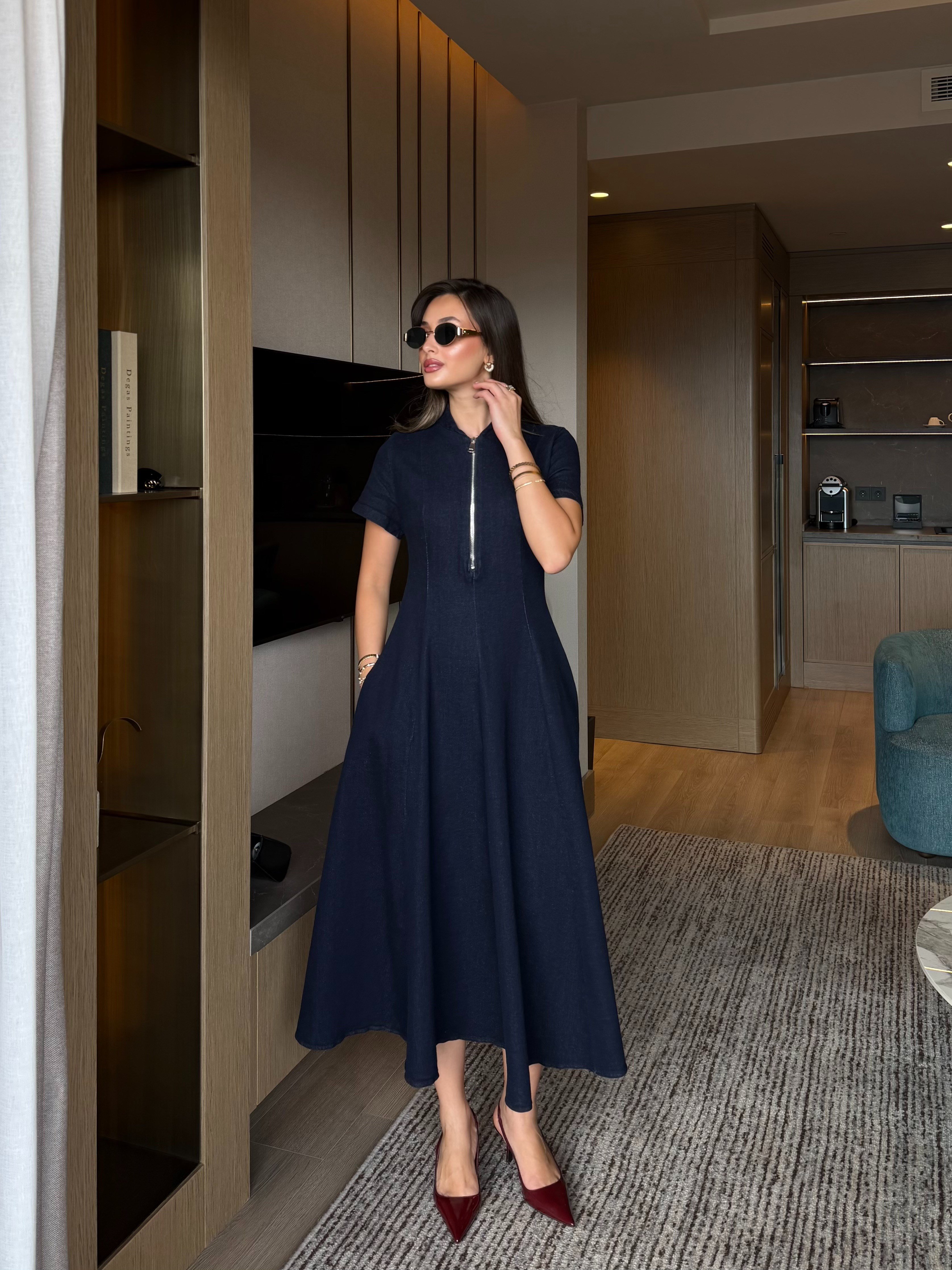 Önü Fermuarlı Denim Elbise