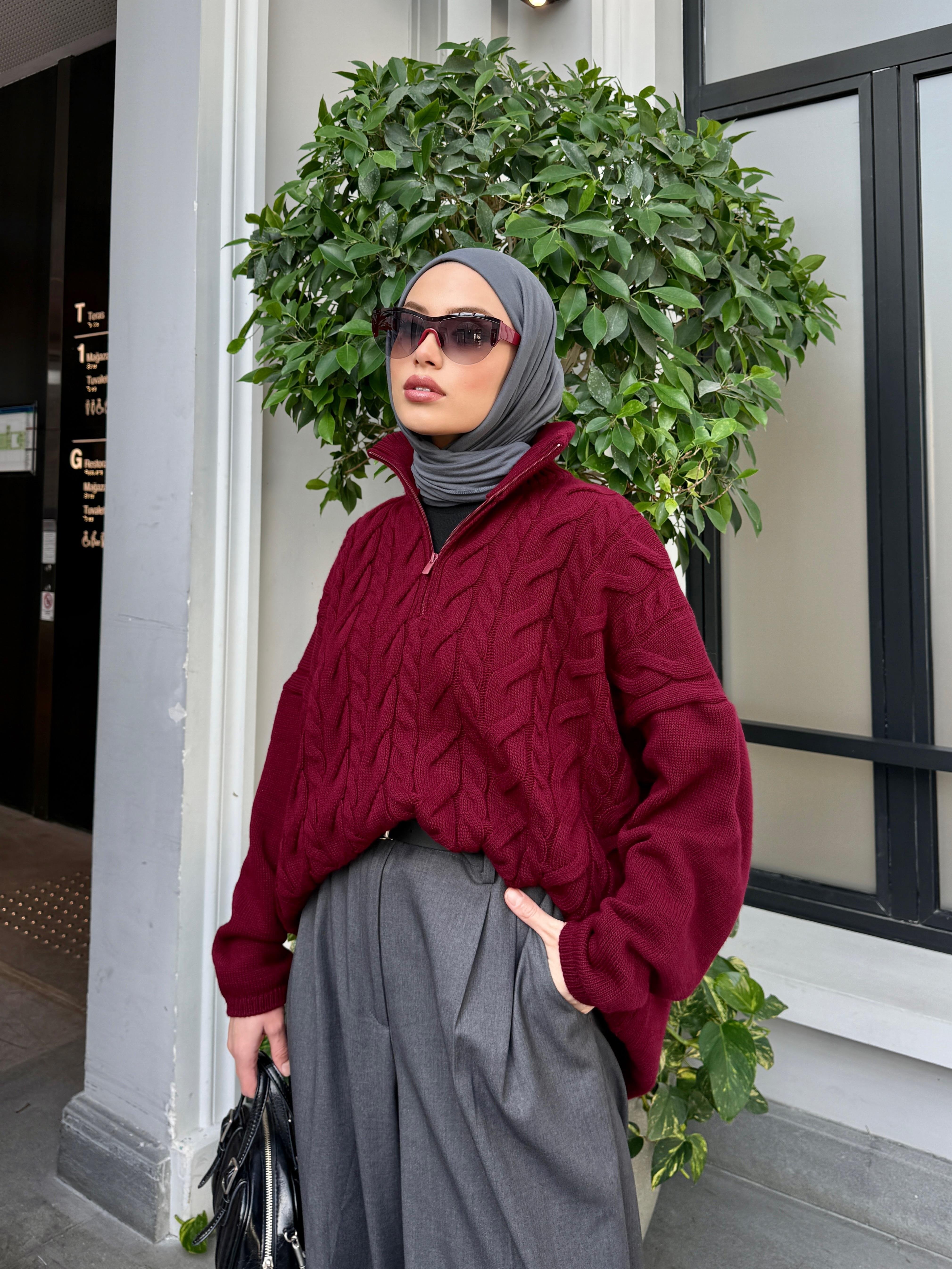 Önü Yarım Fermuarlı Bordo Oversize Kazak