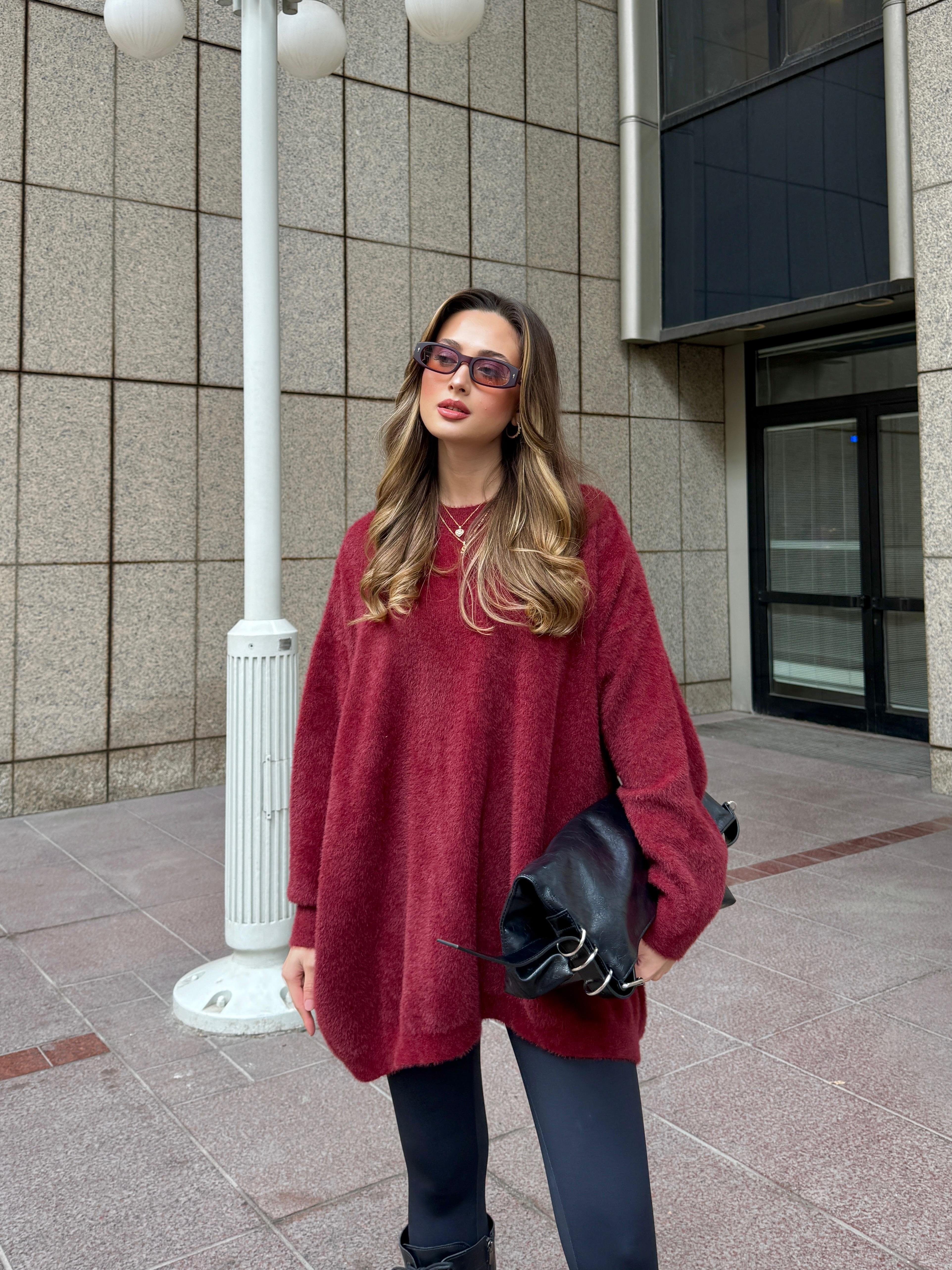 Oversize Bordo Triko Yün Kazak