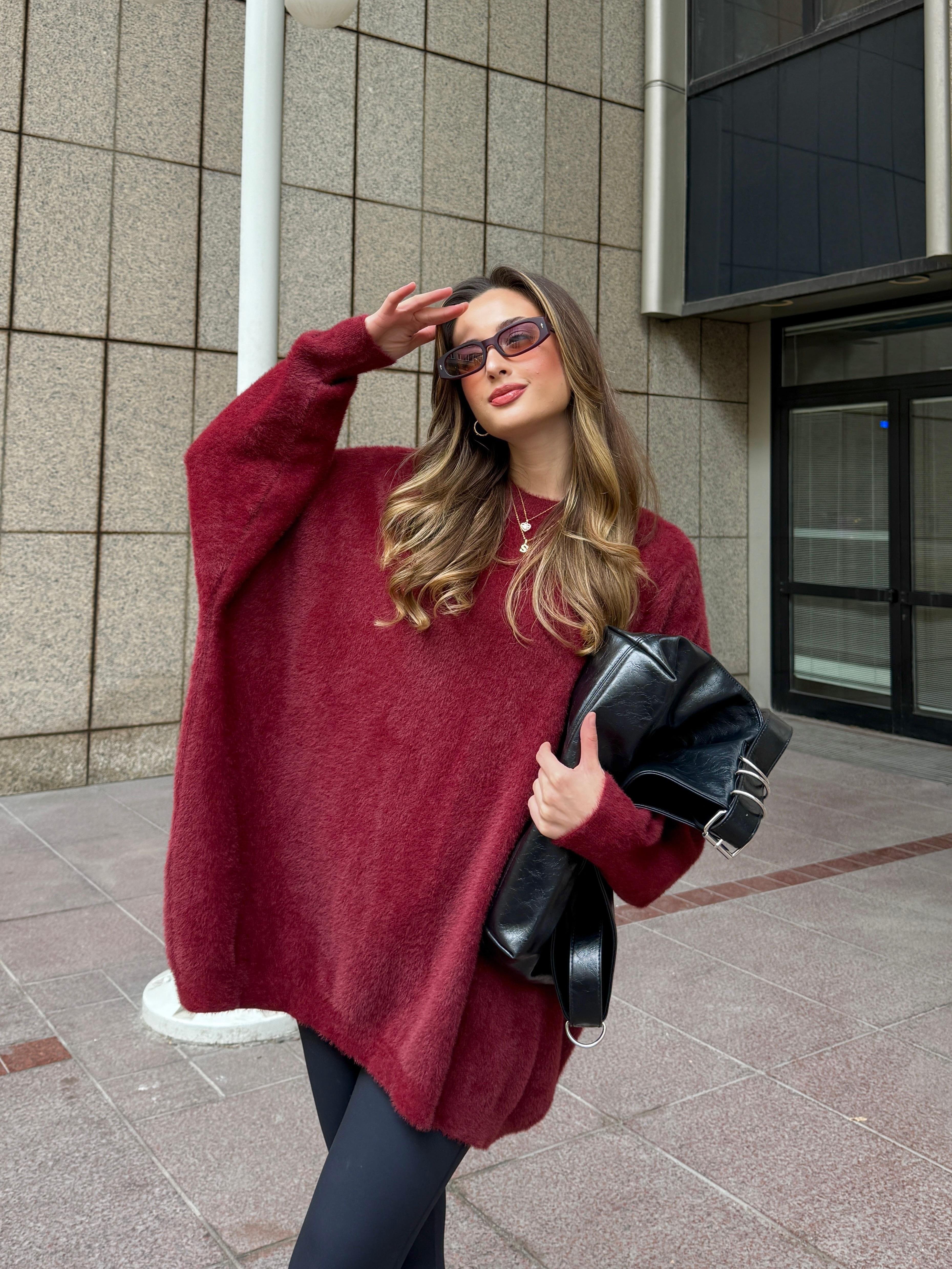 Oversize Bordo Triko Yün Kazak