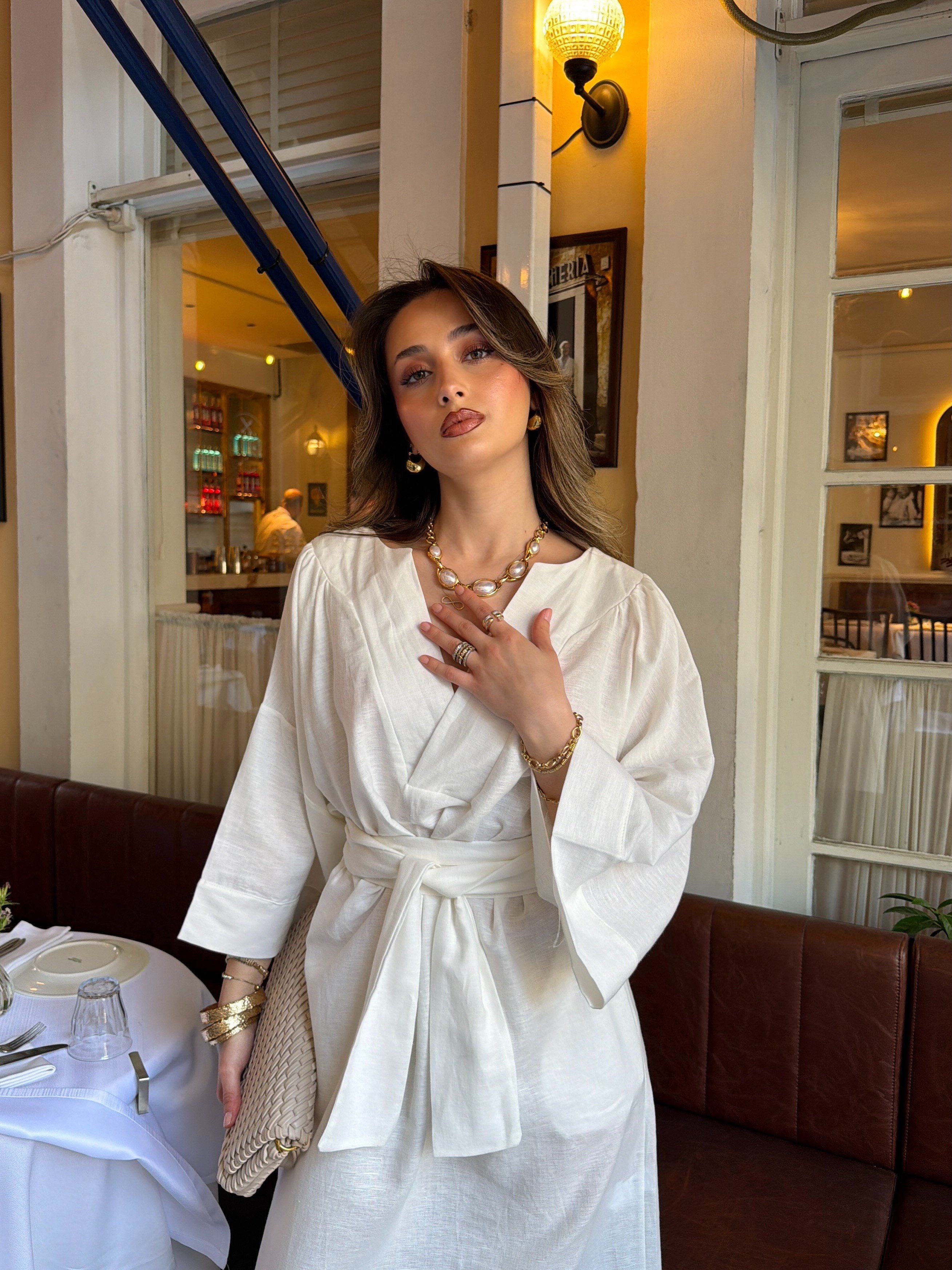 Oversize Kuşaklı Keten Elbise Beyaz 