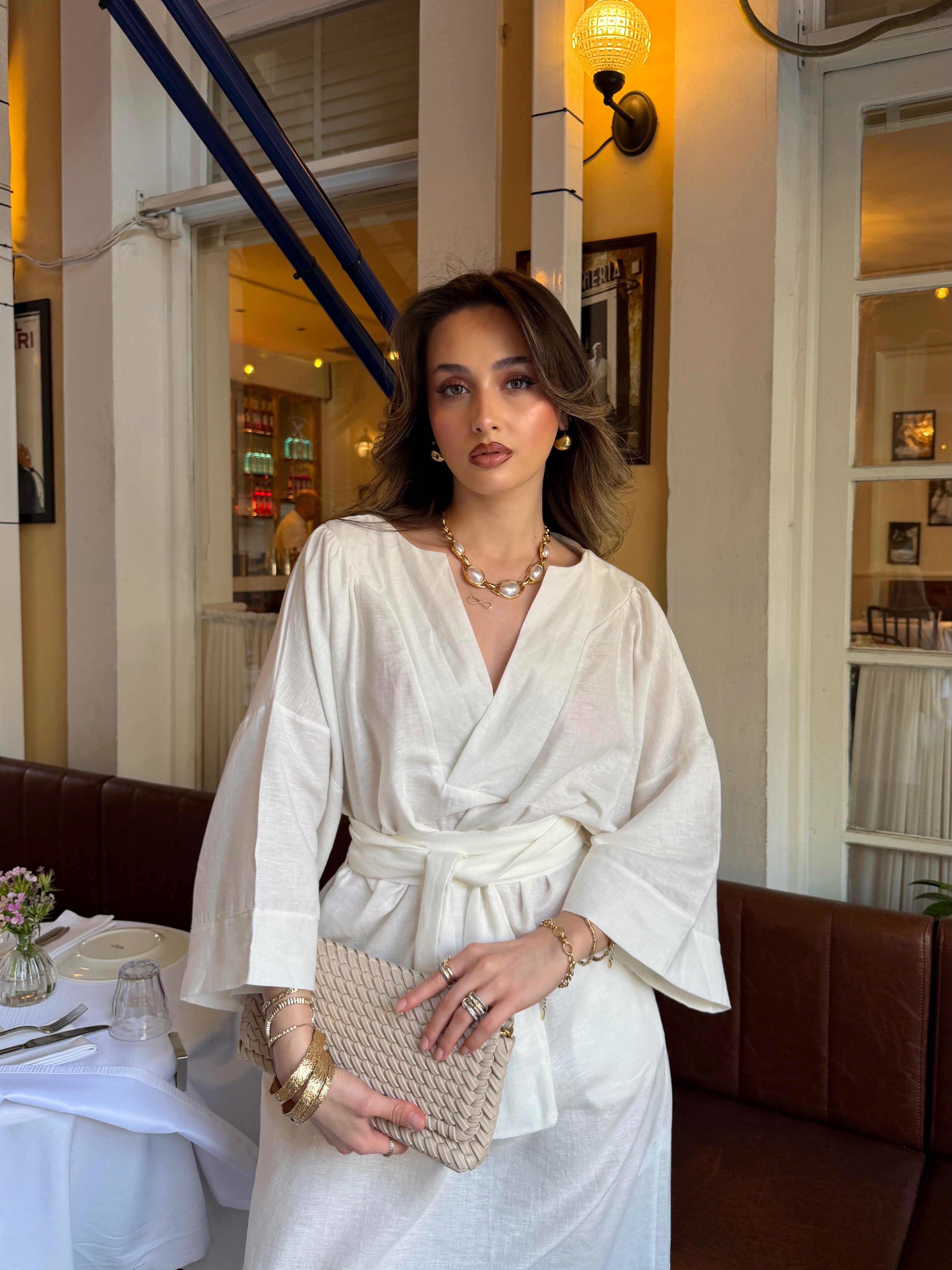 Oversize Kuşaklı Keten Elbise Beyaz 