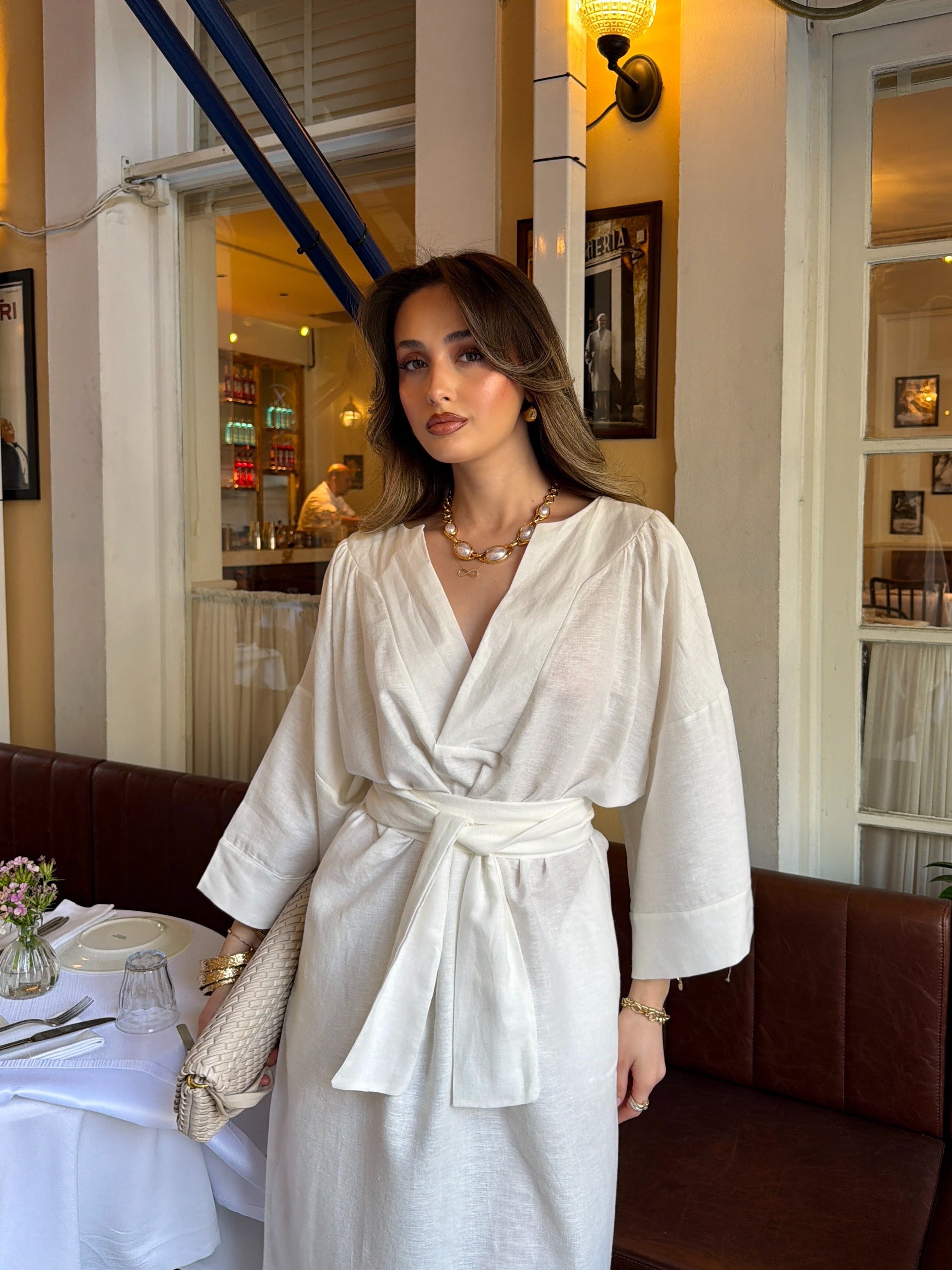 Oversize Kuşaklı Keten Elbise Beyaz 