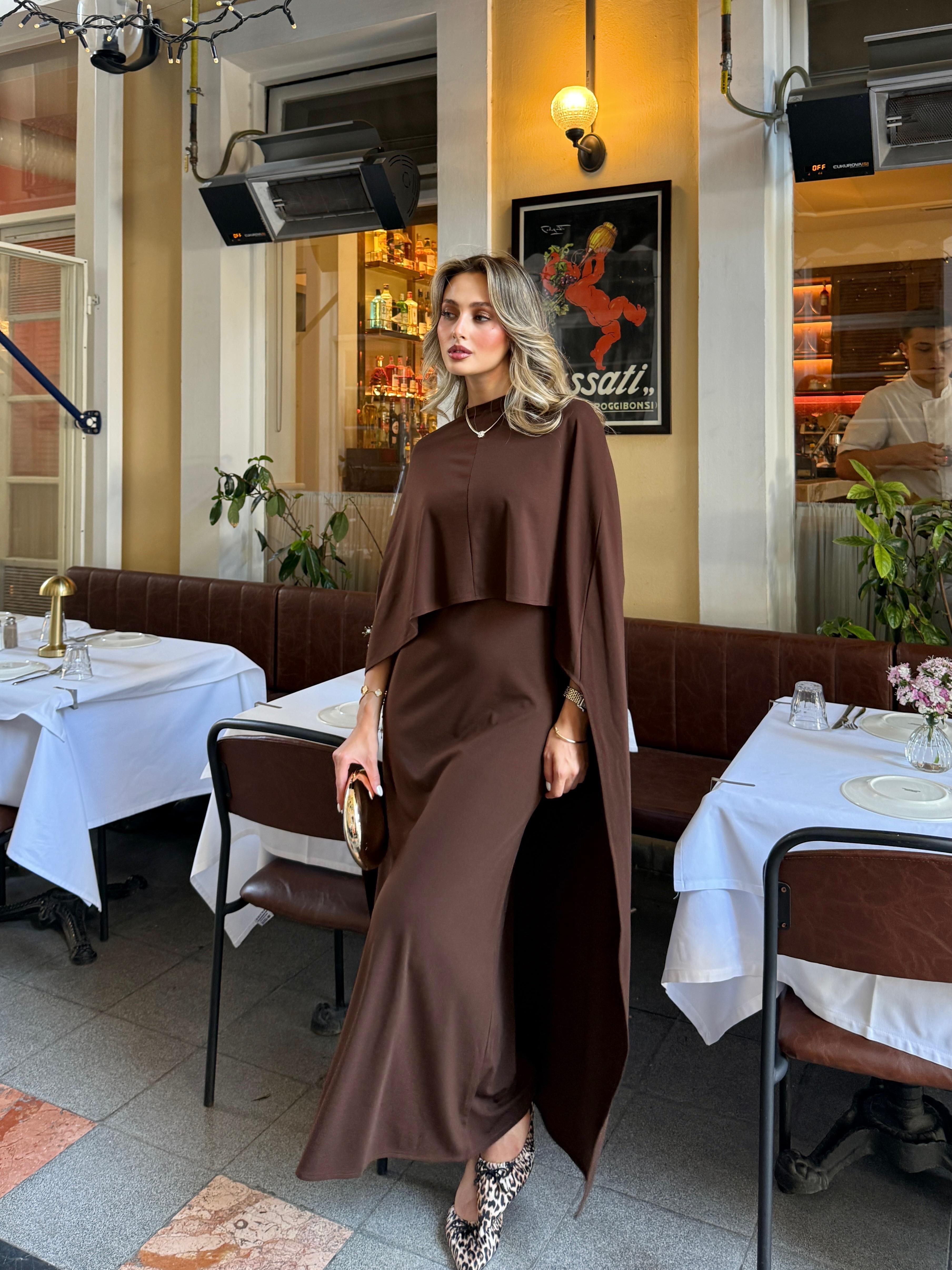 Pelerinli Acı Kahve Elbise