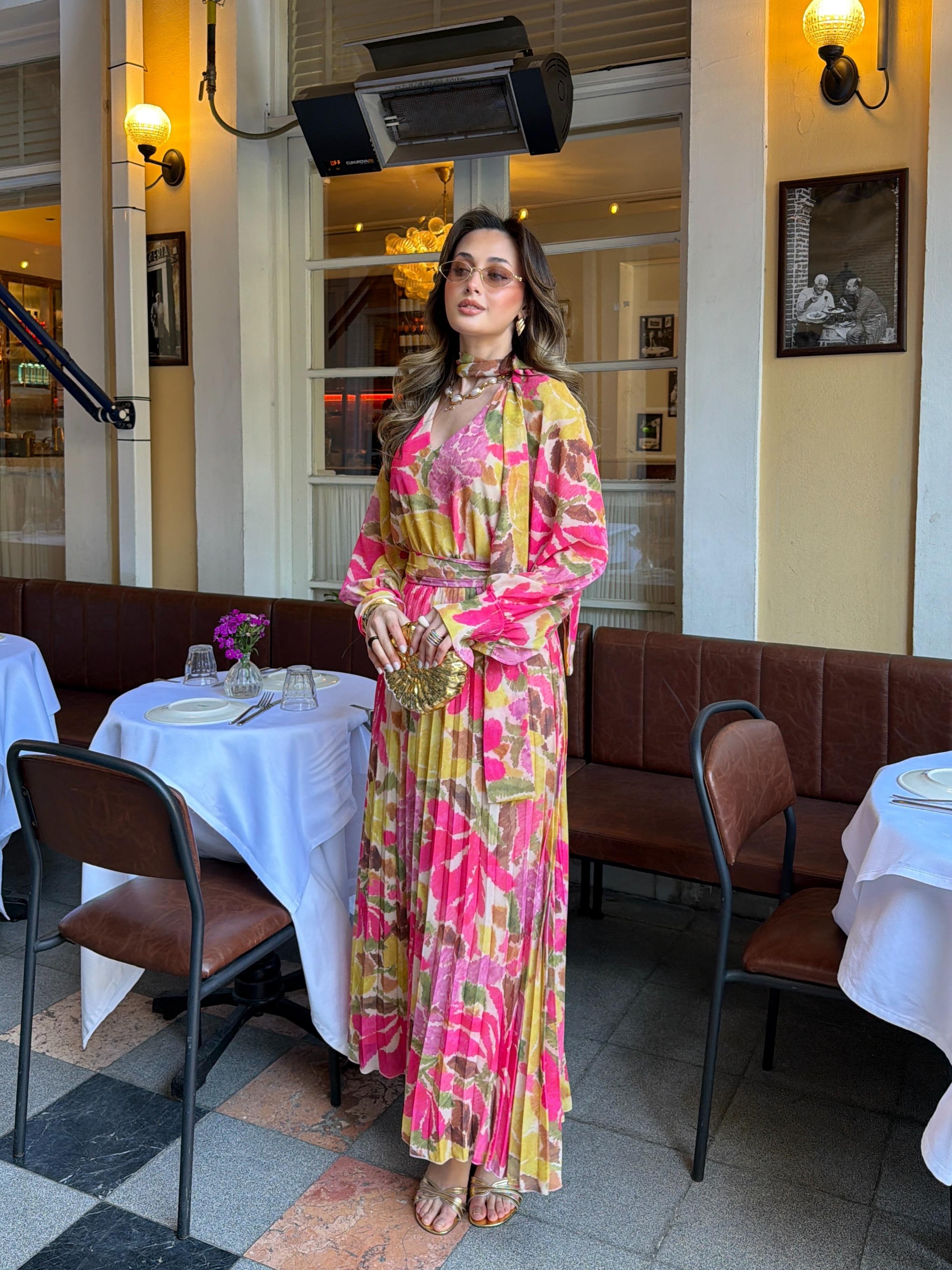 Pileli Şifon Çiçek Elbise Pembe