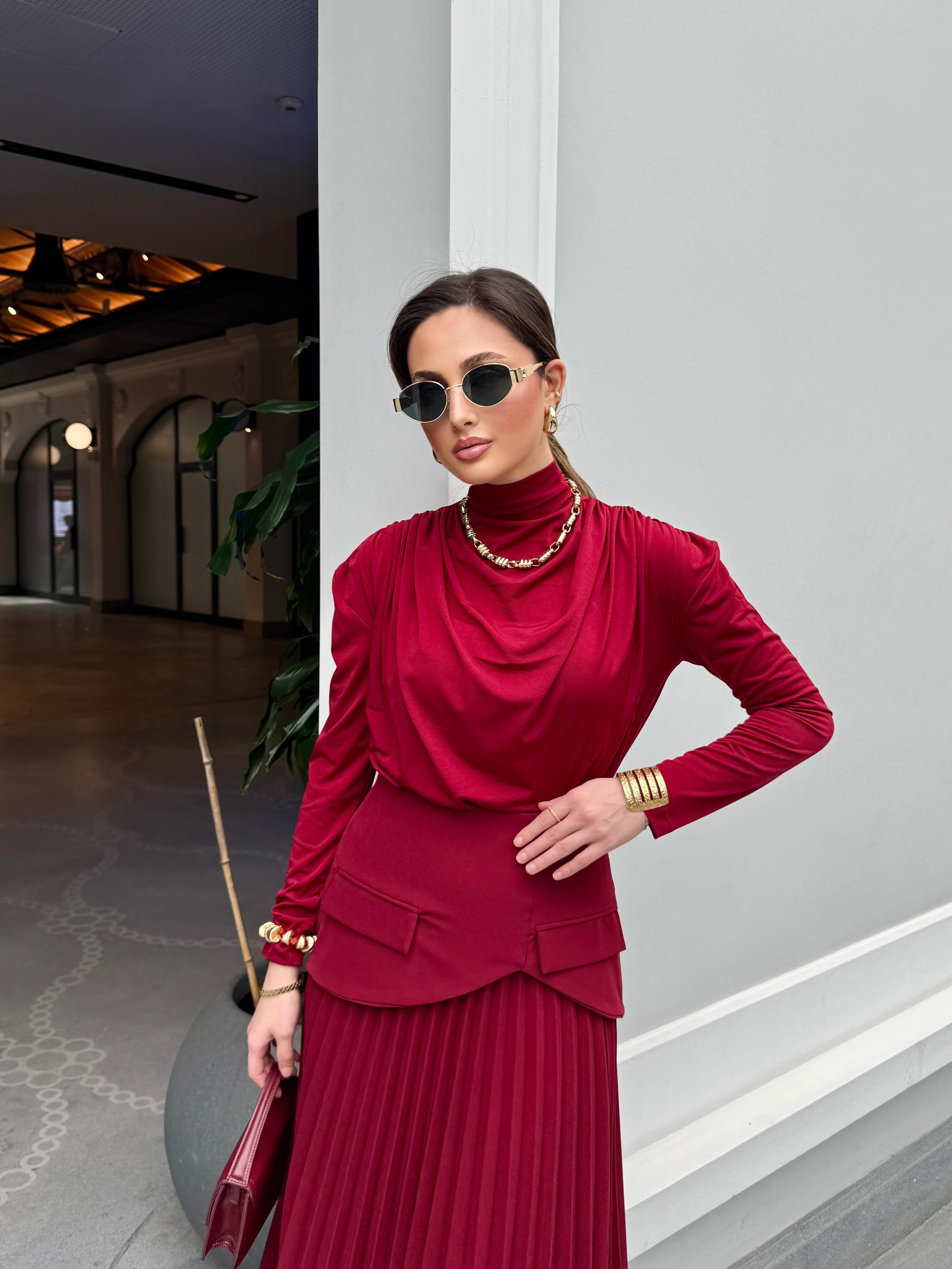 Piliseli Parçalı Bordo Etek