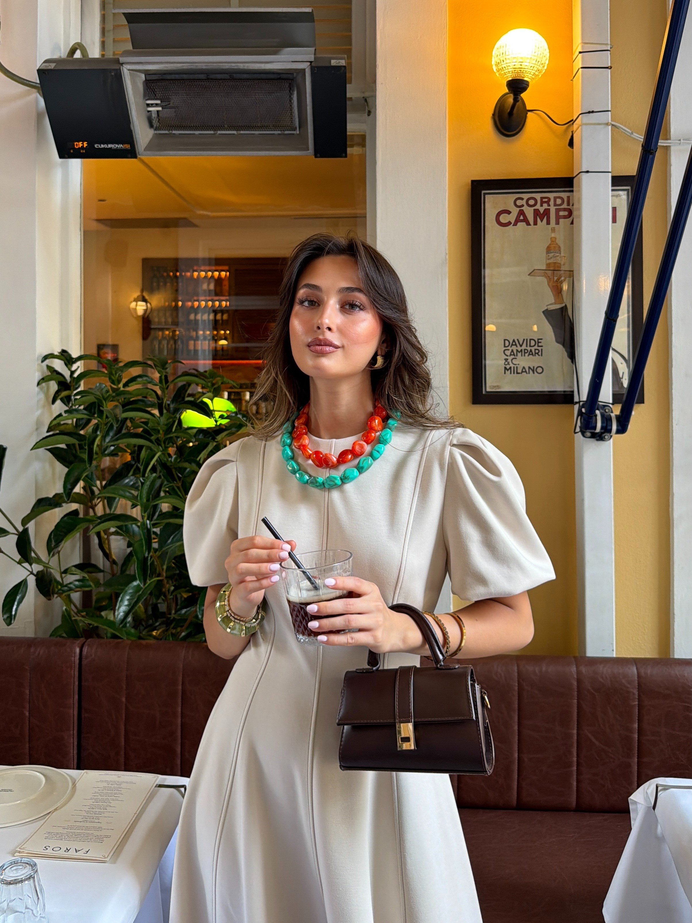 Sıfır Yaka Balon Kol Maxi Elbise Bej 