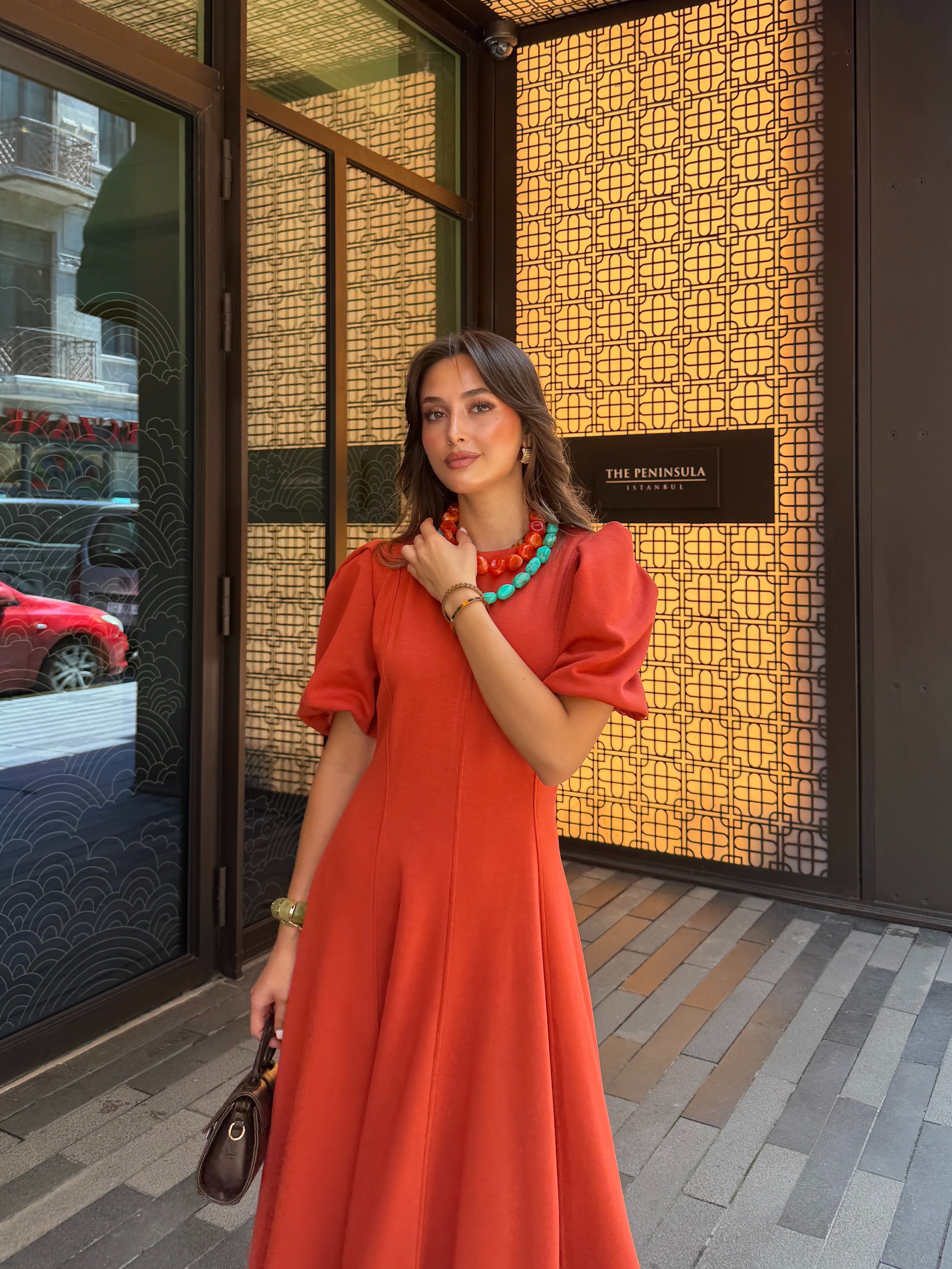 Sıfır Yaka Balon Kol Maxi Elbise Taba