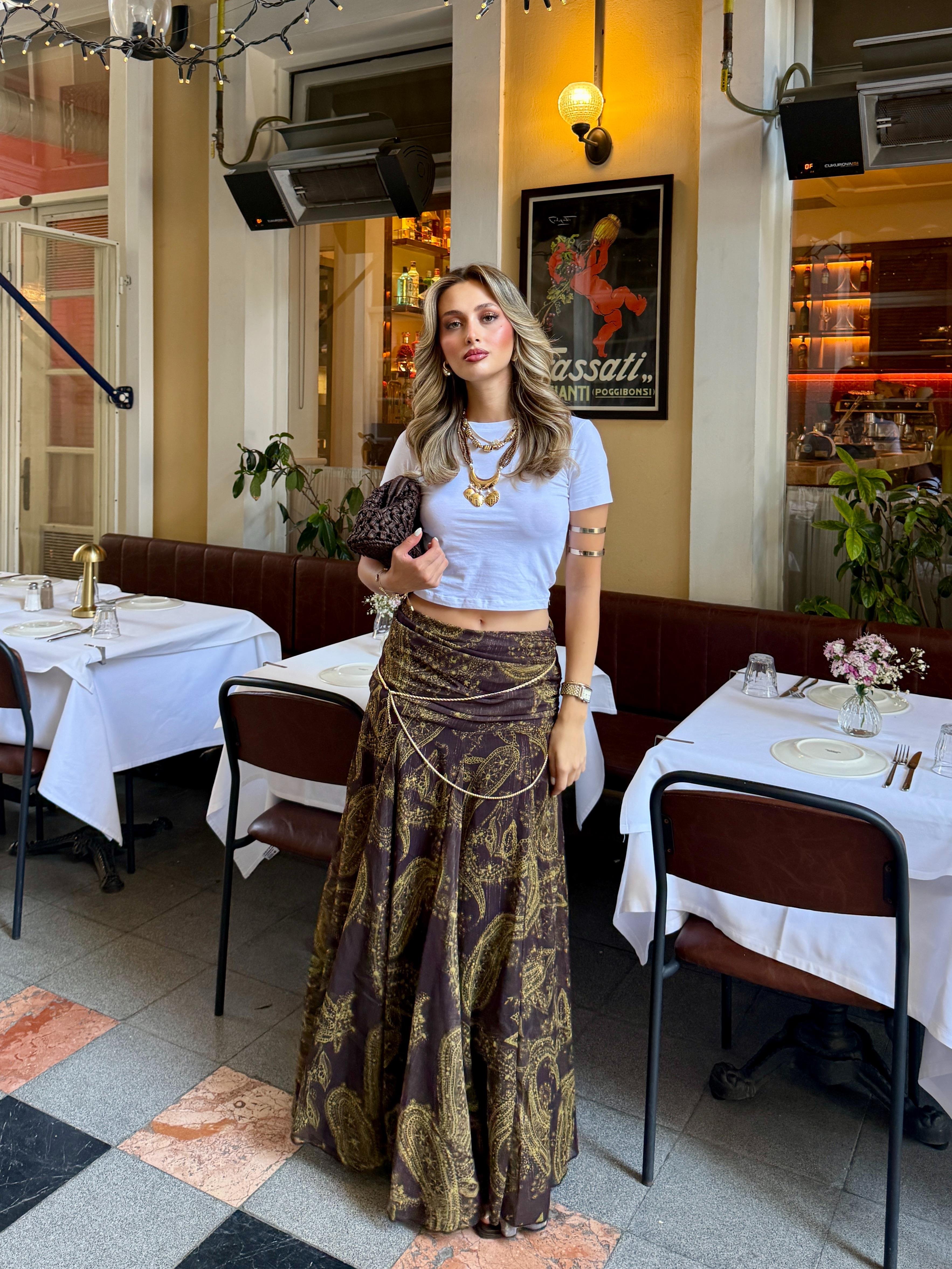 Simli Etnik Desenli Maxi Etek