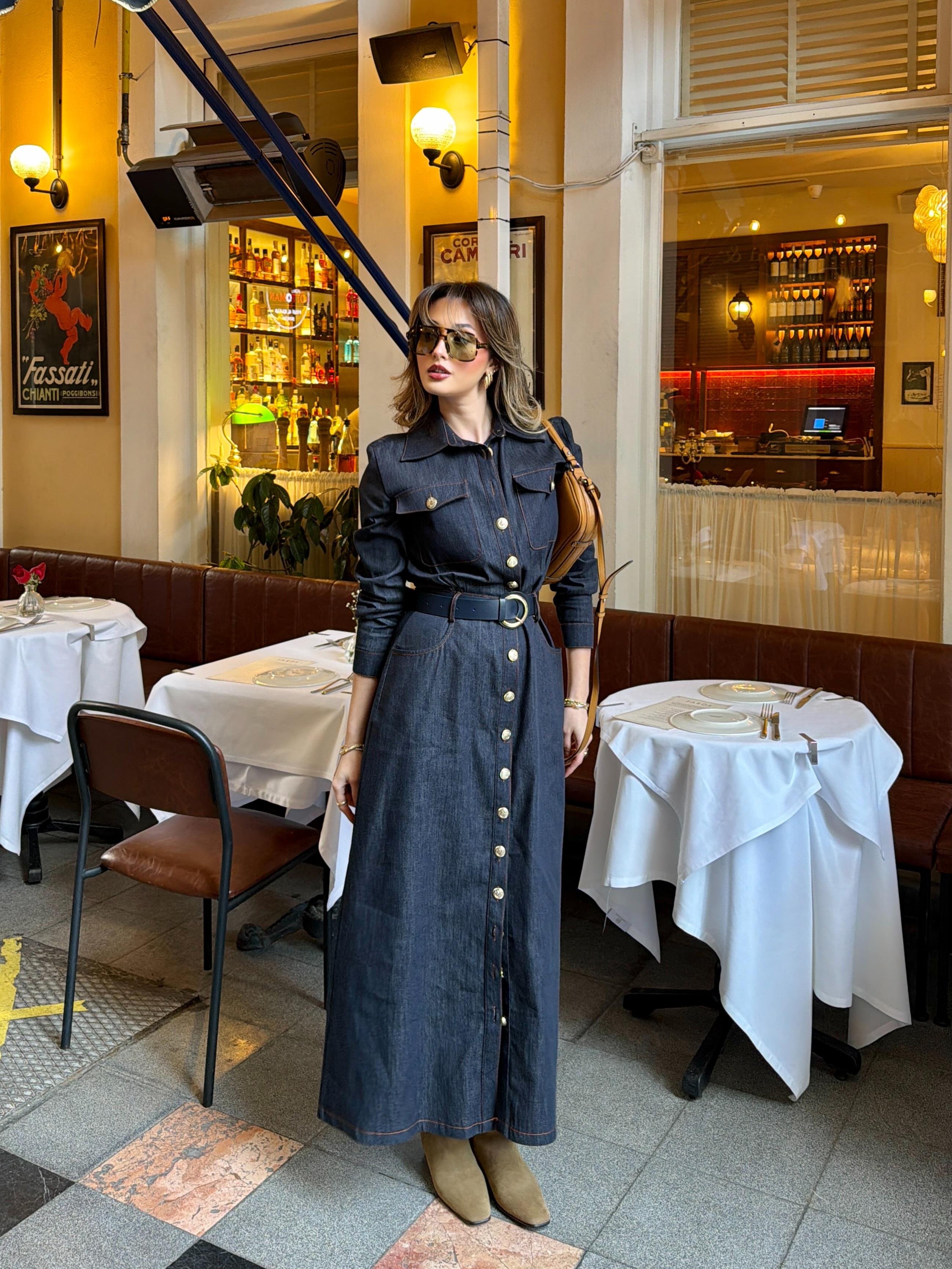 Tam Boy Düğmeli Kemerli Denim Elbise Lacivert
