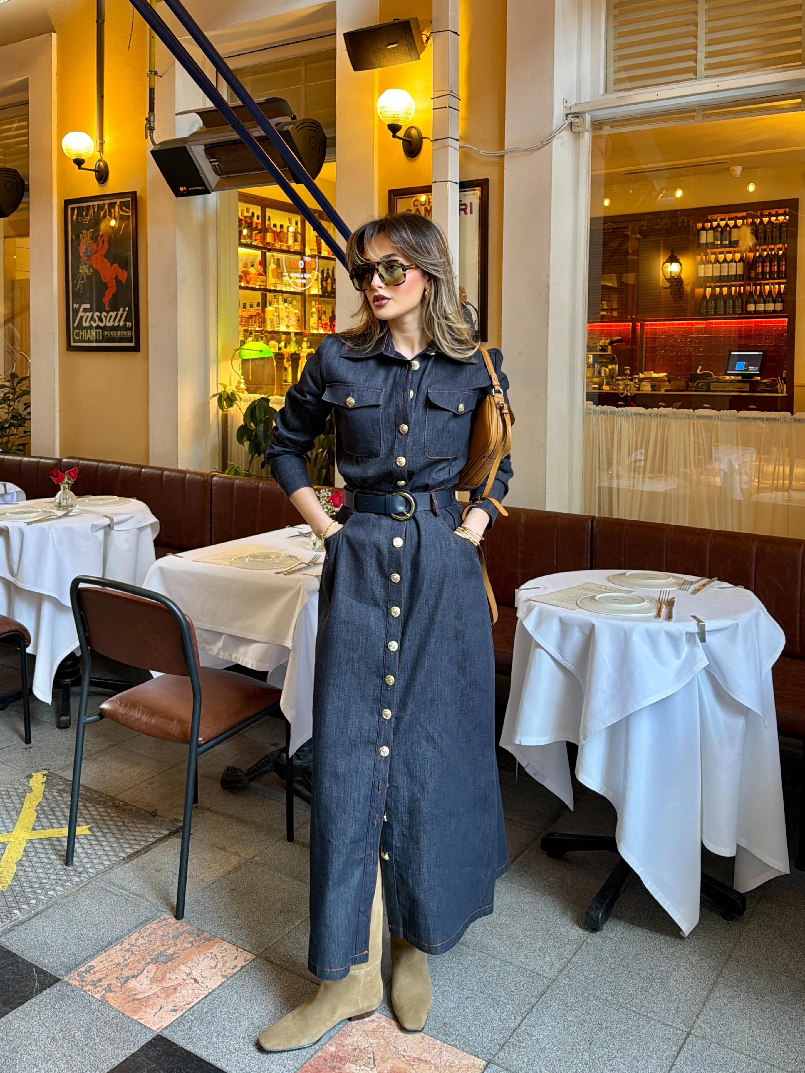 Tam Boy Düğmeli Kemerli Denim Elbise Lacivert