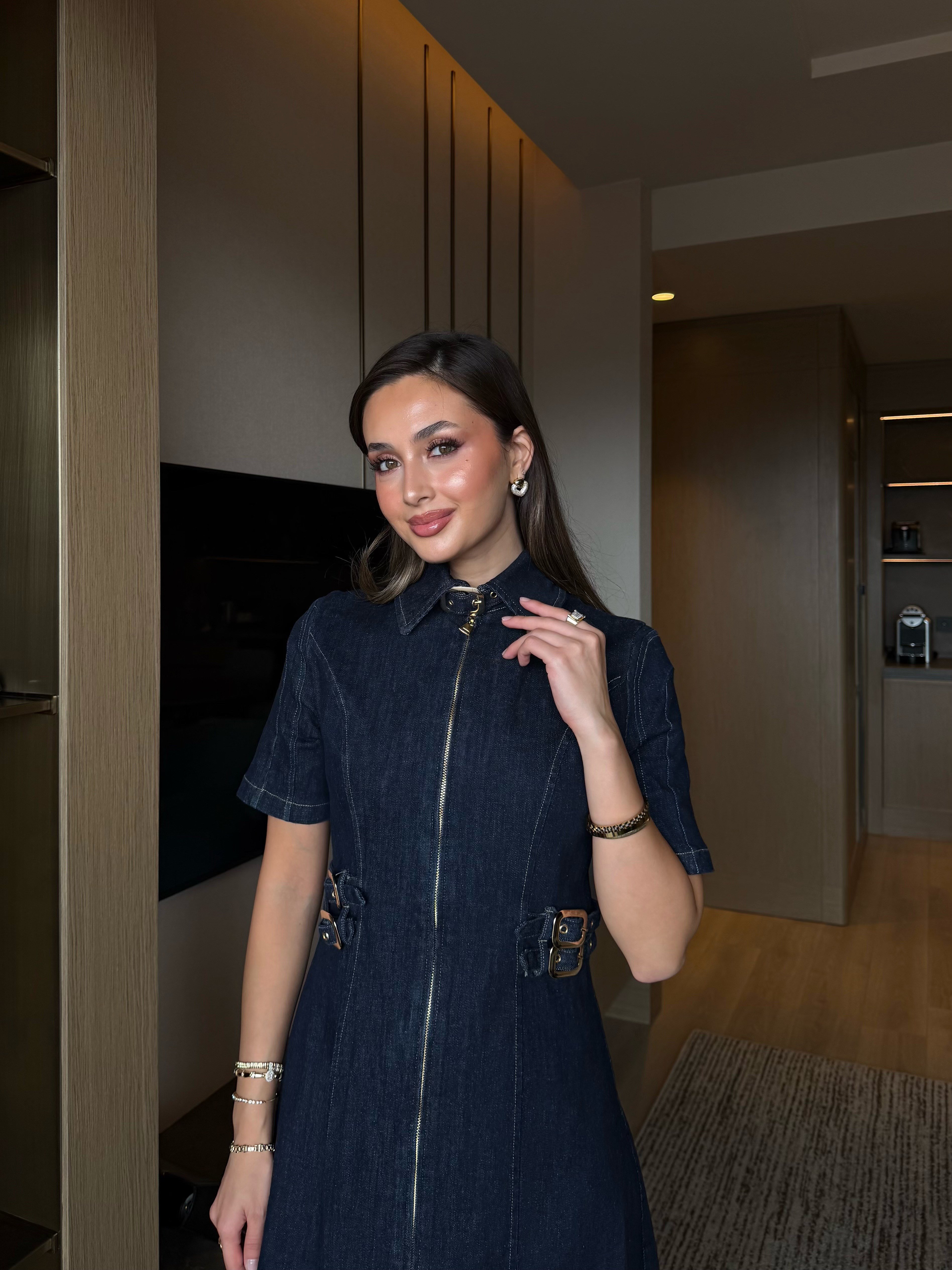 Toka Detaylı Denim Elbise