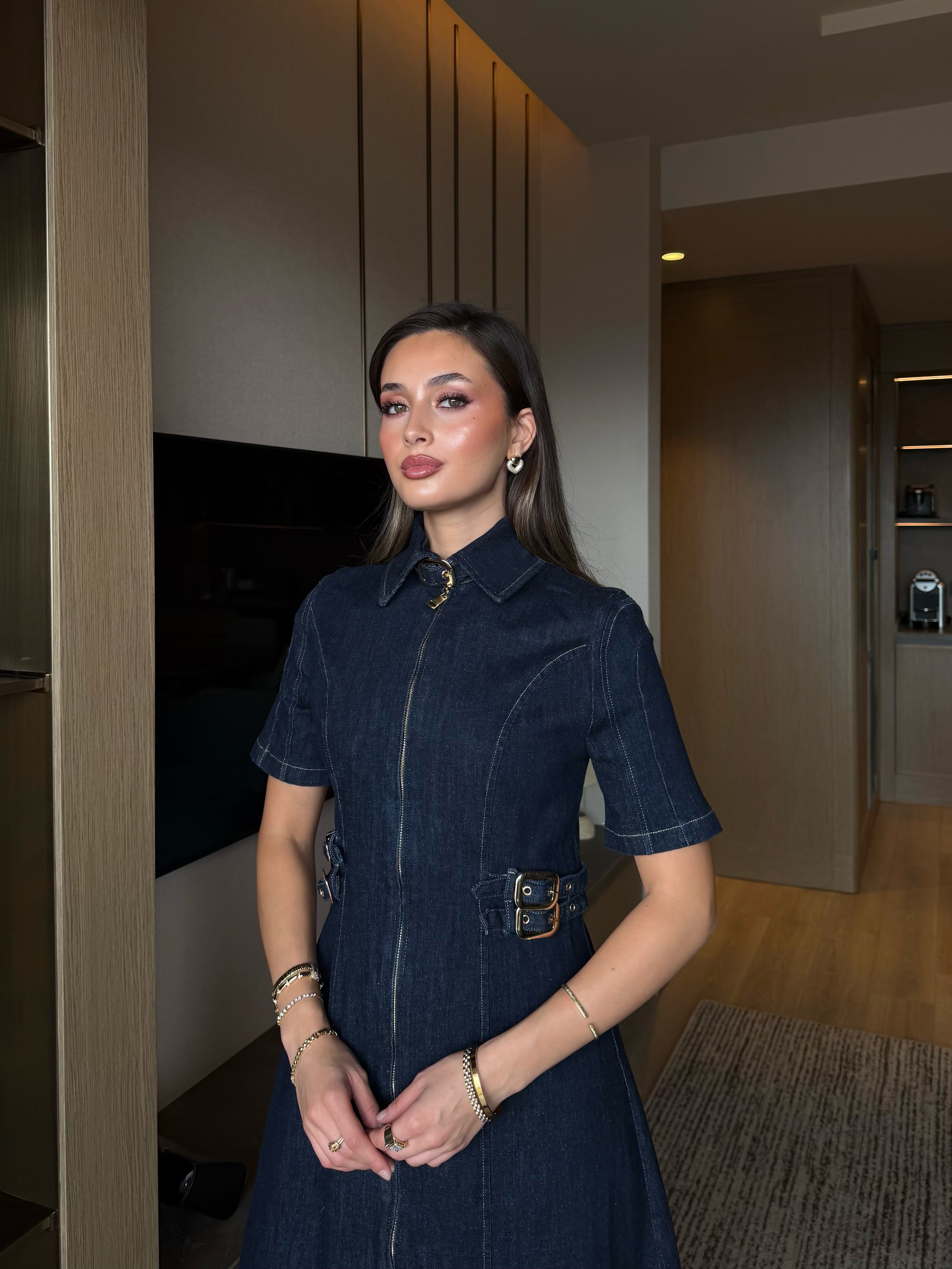 Toka Detaylı Denim Elbise