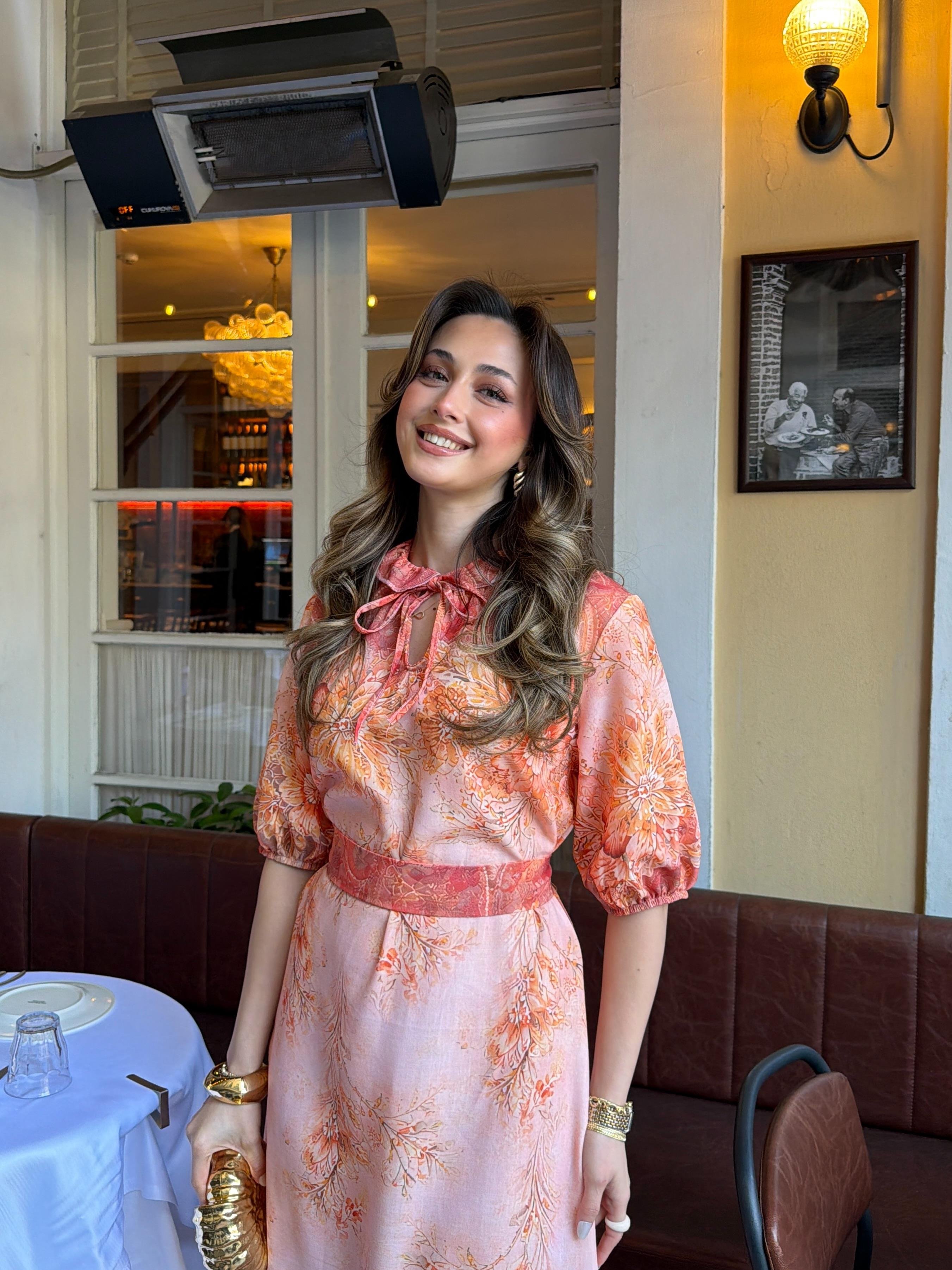 Turuncu Çiçekli Balon Kol Elbise