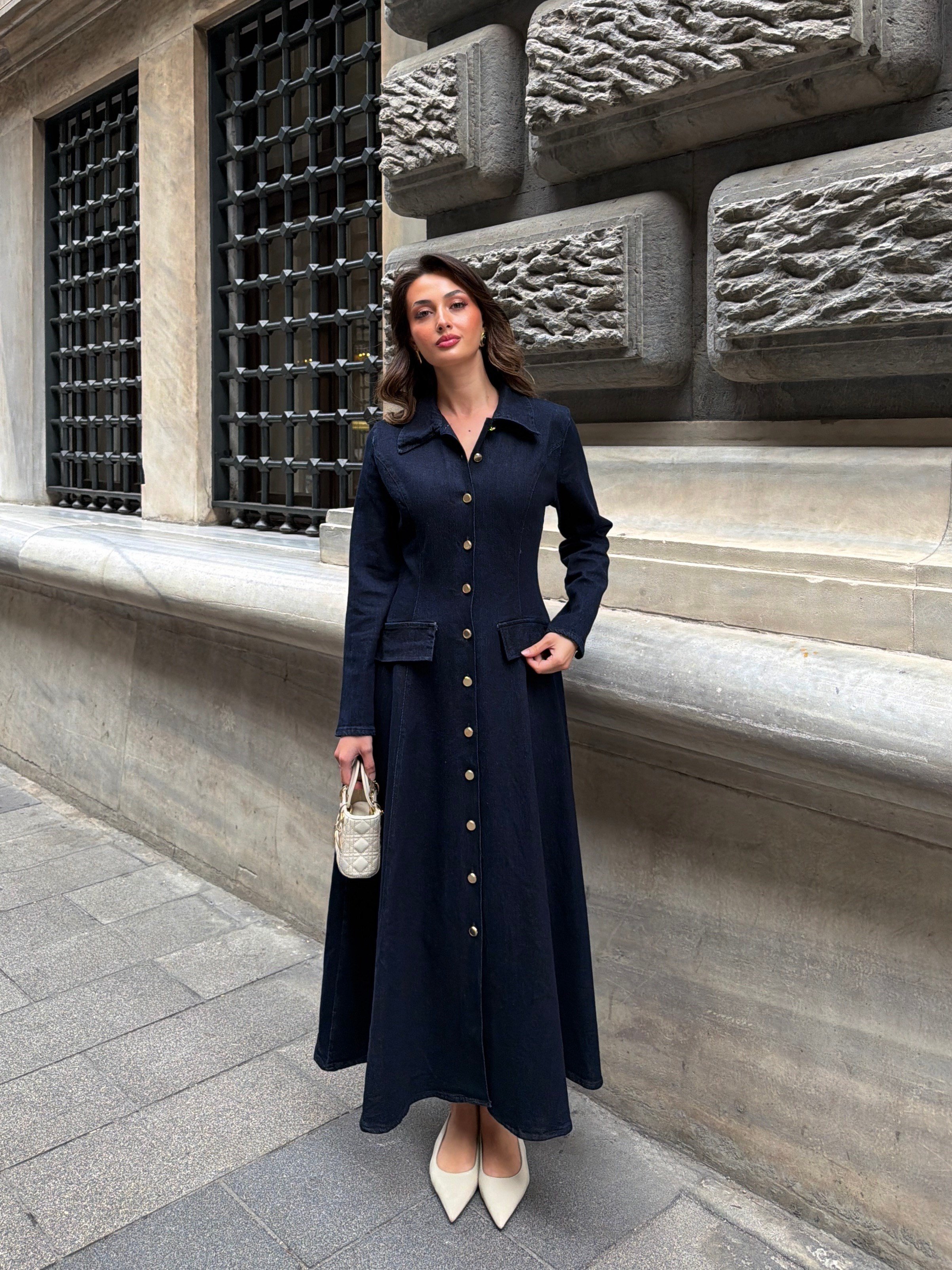 Uzun Kollu Düğmeli Denim Elbise 