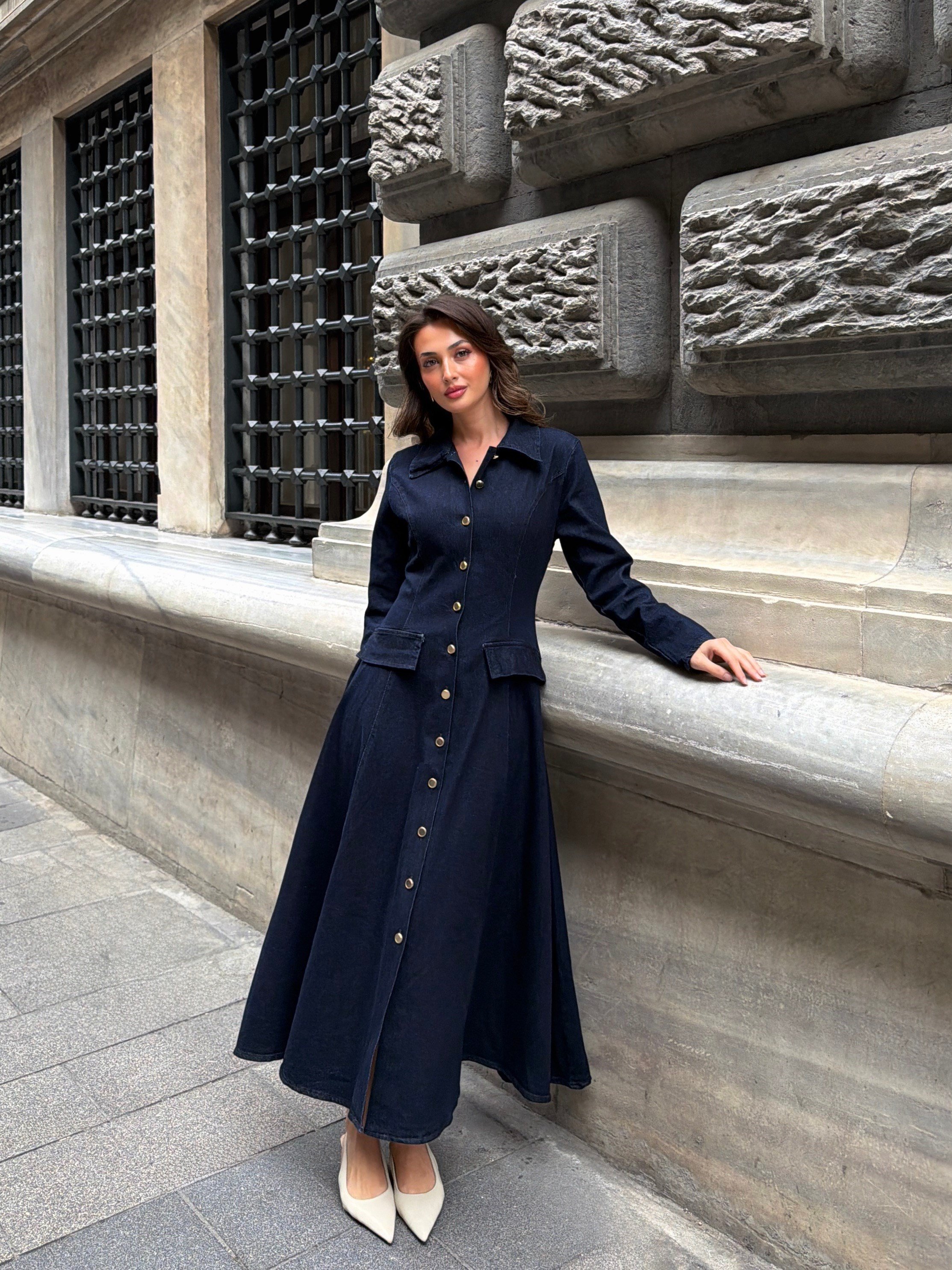 Uzun Kollu Düğmeli Denim Elbise 