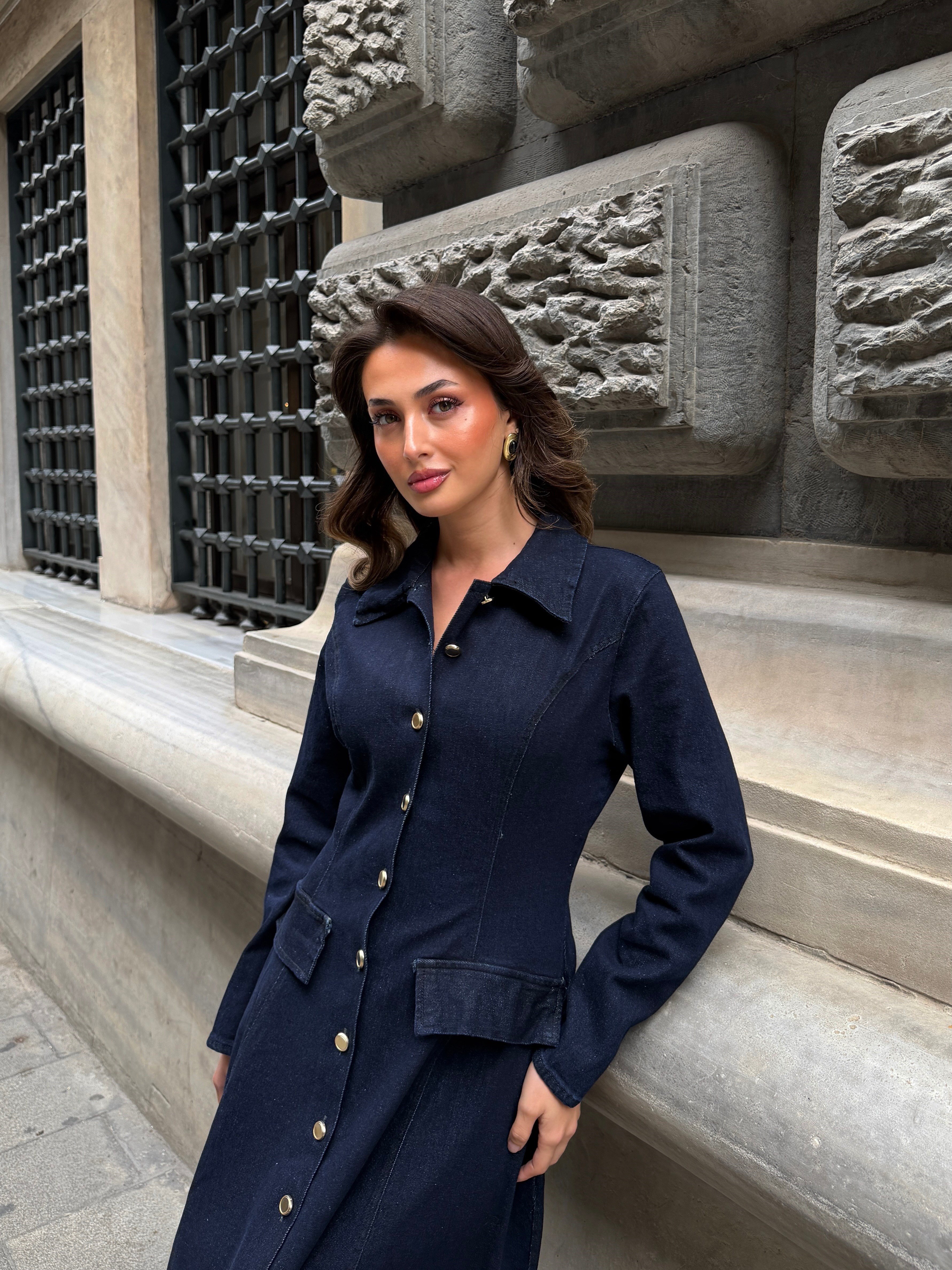 Uzun Kollu Düğmeli Denim Elbise 