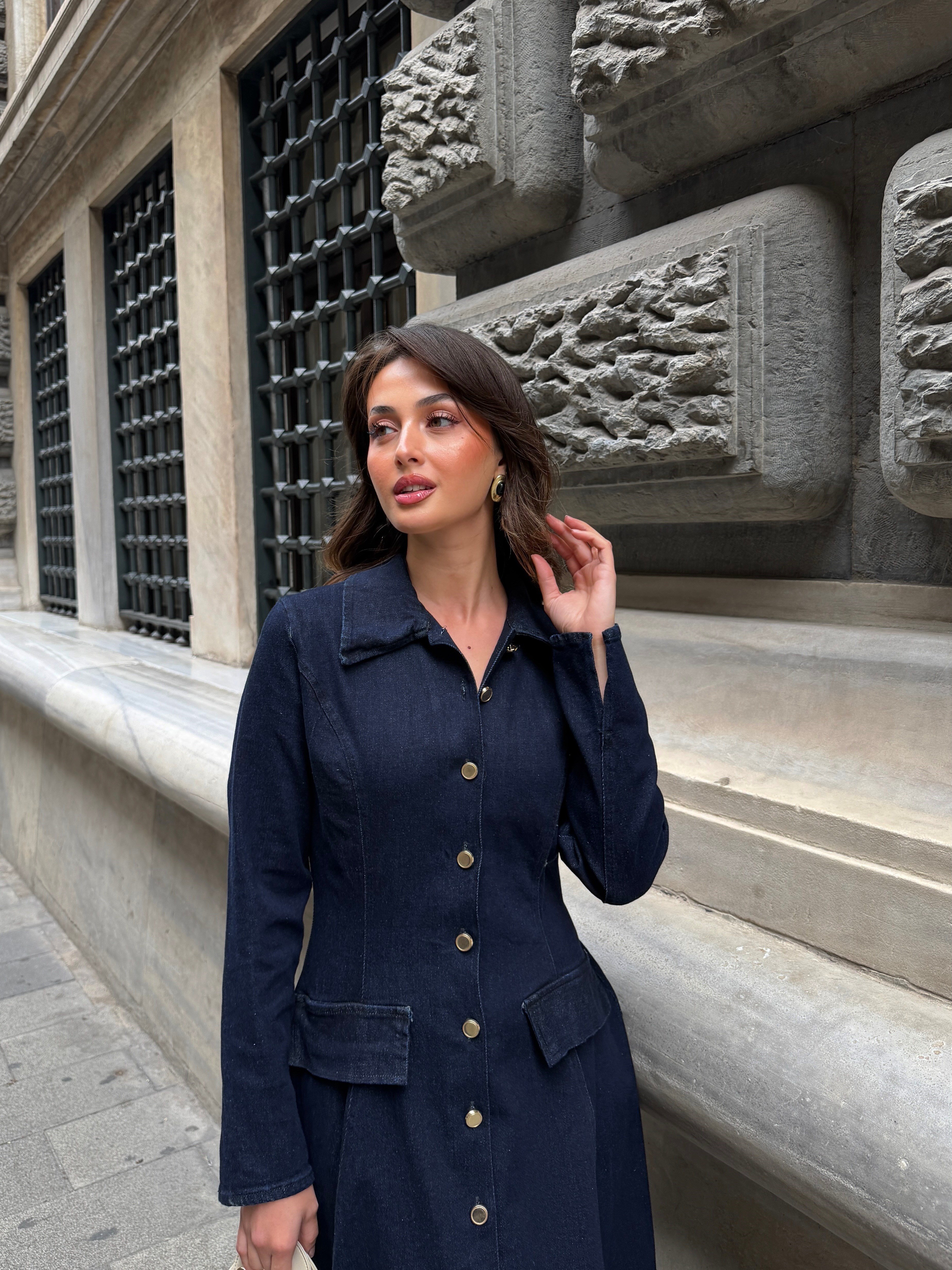 Uzun Kollu Düğmeli Denim Elbise 