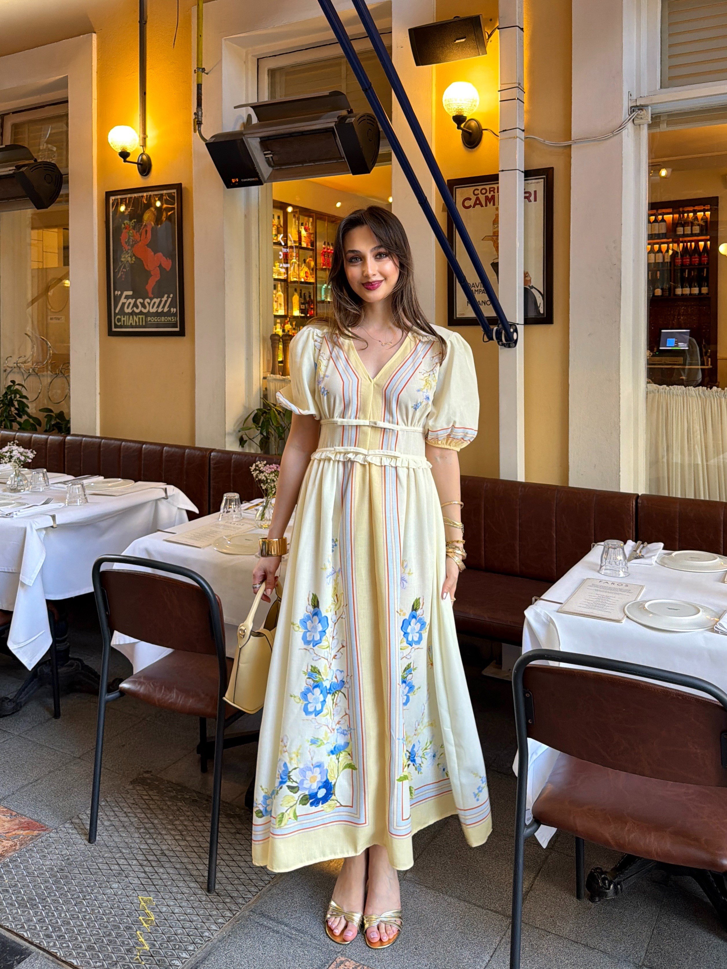 V Yaka Kemer Detaylı Keten Elbise Sarı 