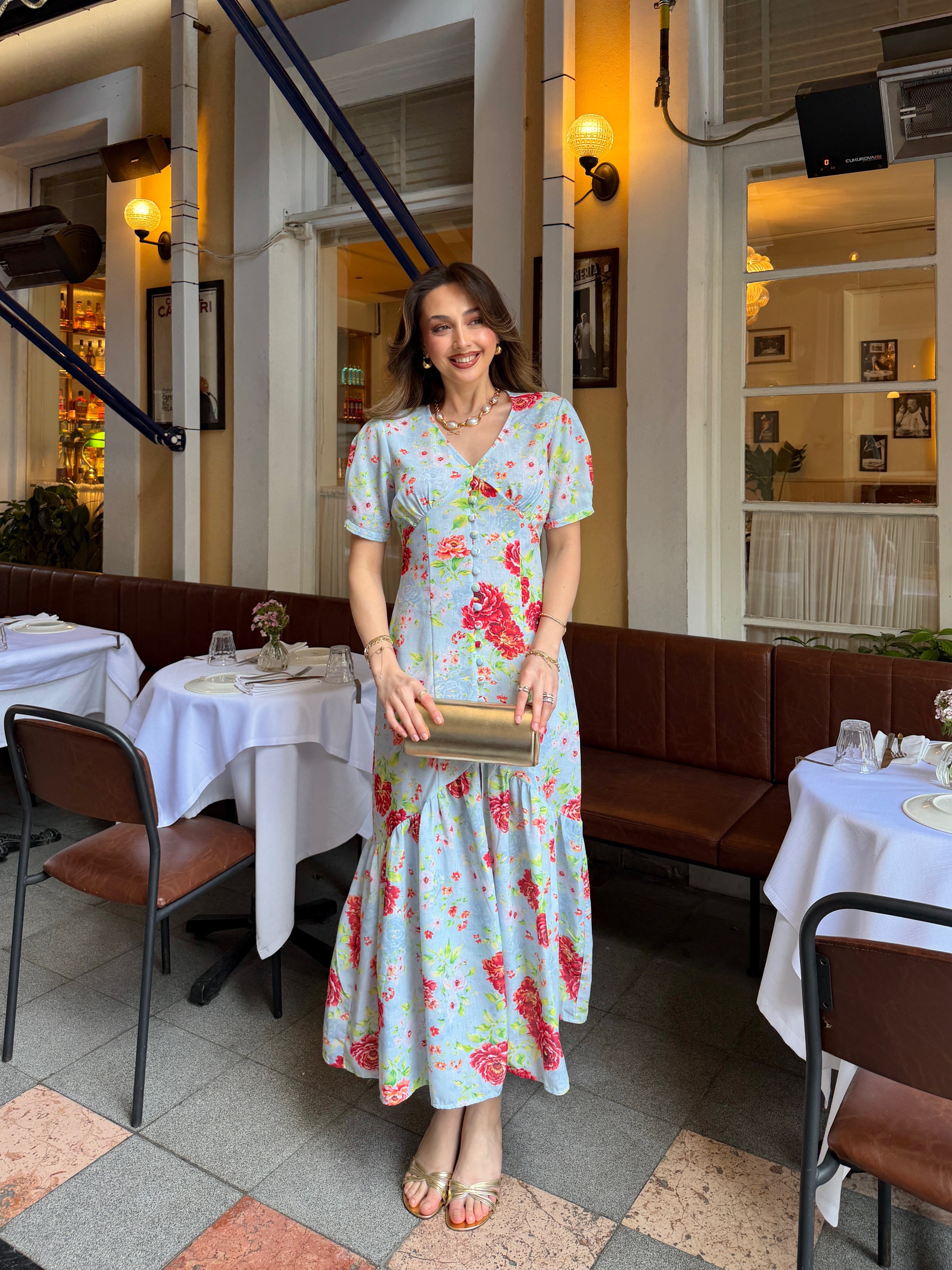 Vintage Floral Desenli Keten Elbise Mavi