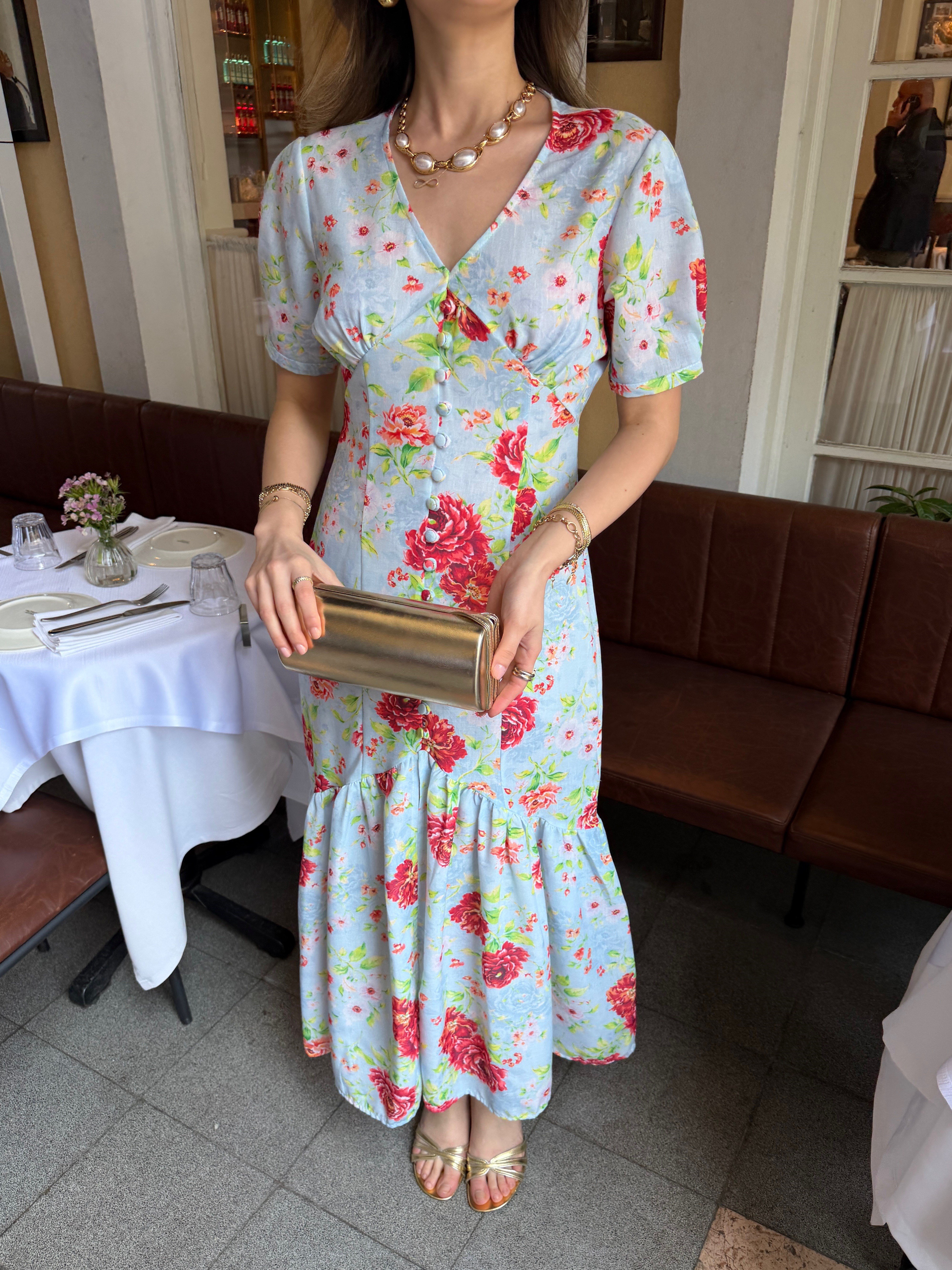 Vintage Floral Desenli Keten Elbise Mavi
