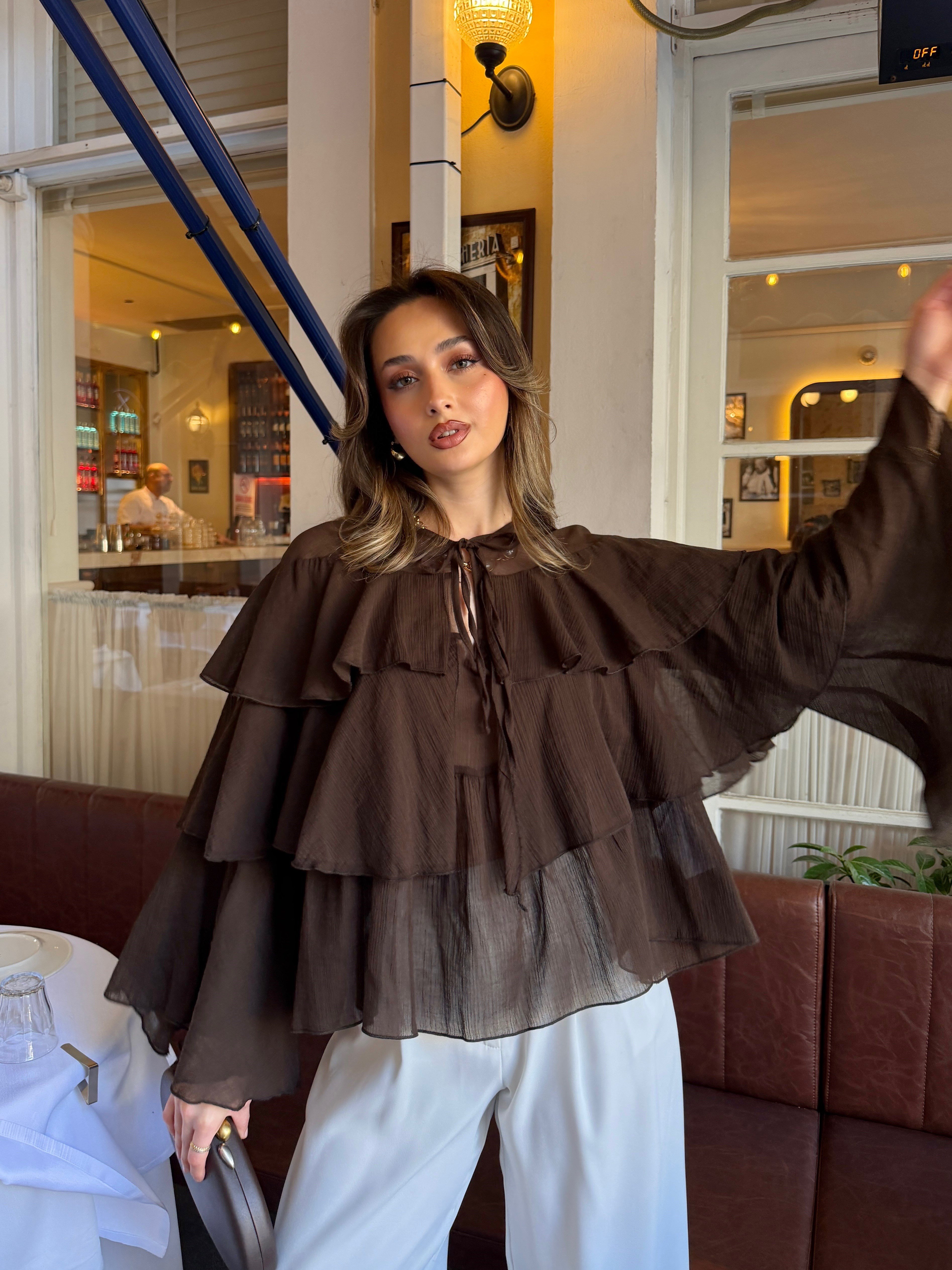Volanlı Pamuk Bluz Kahve