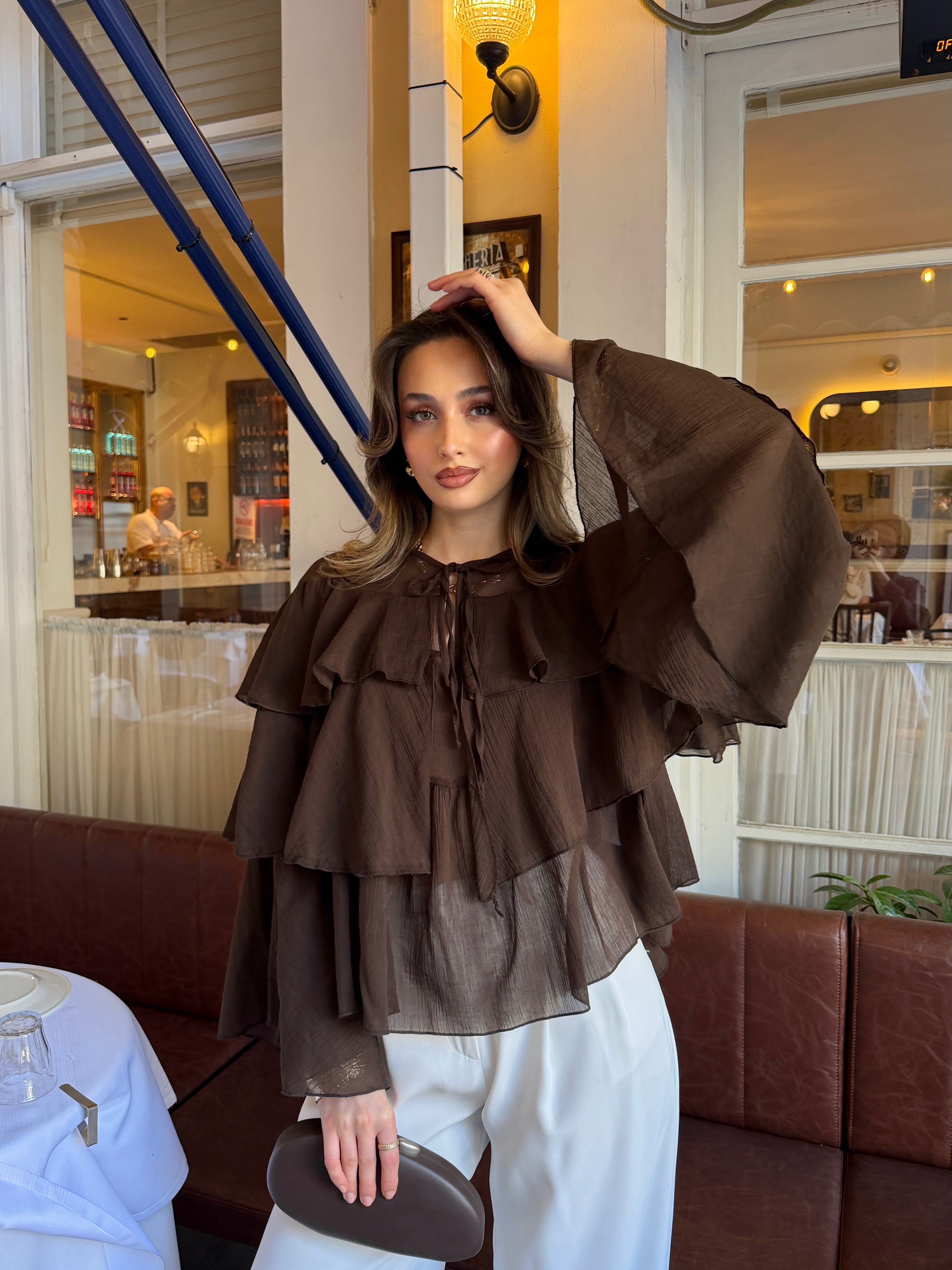Volanlı Pamuk Bluz Kahve