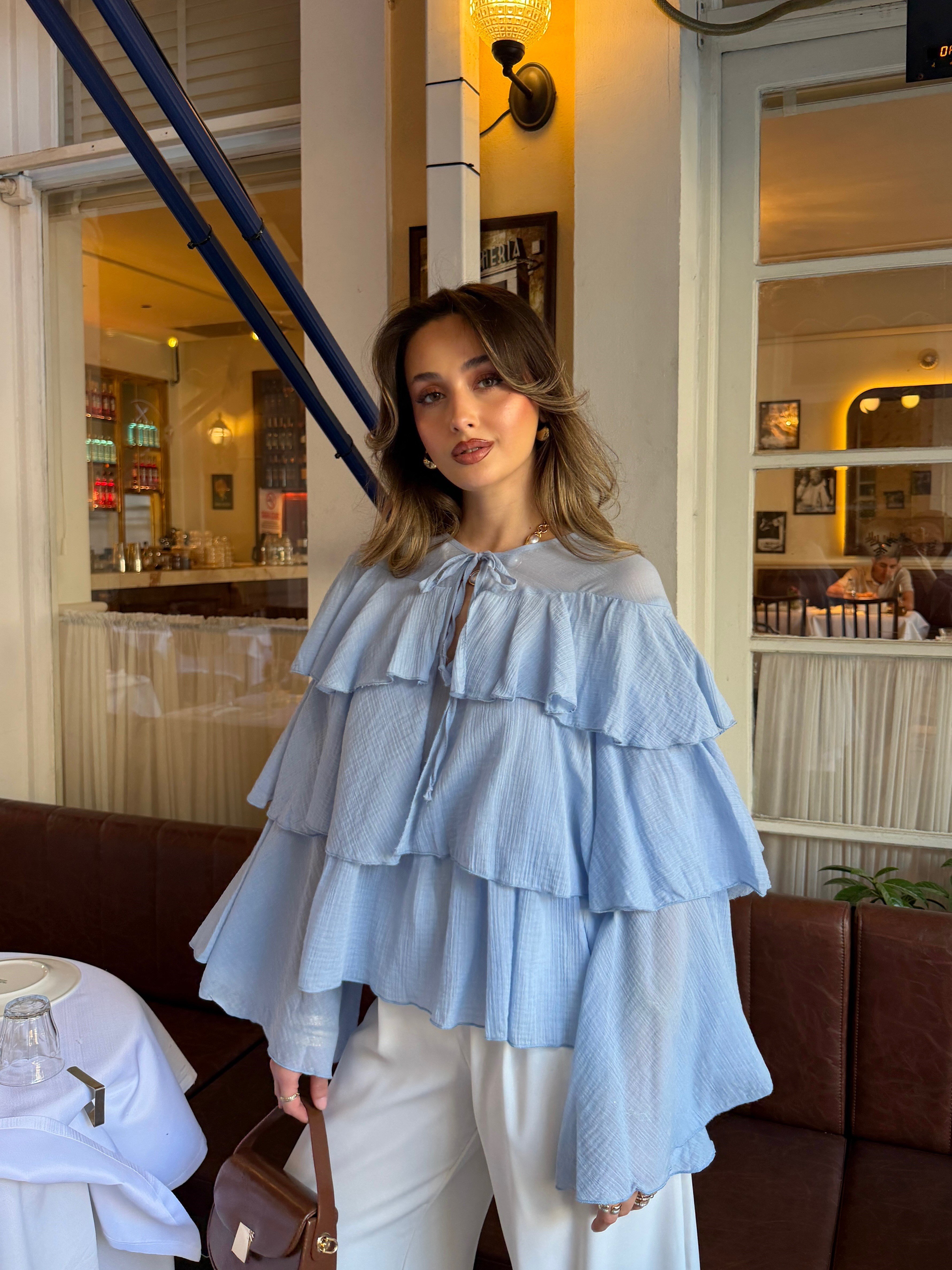 Volanlı Pamuk Bluz Mavi
