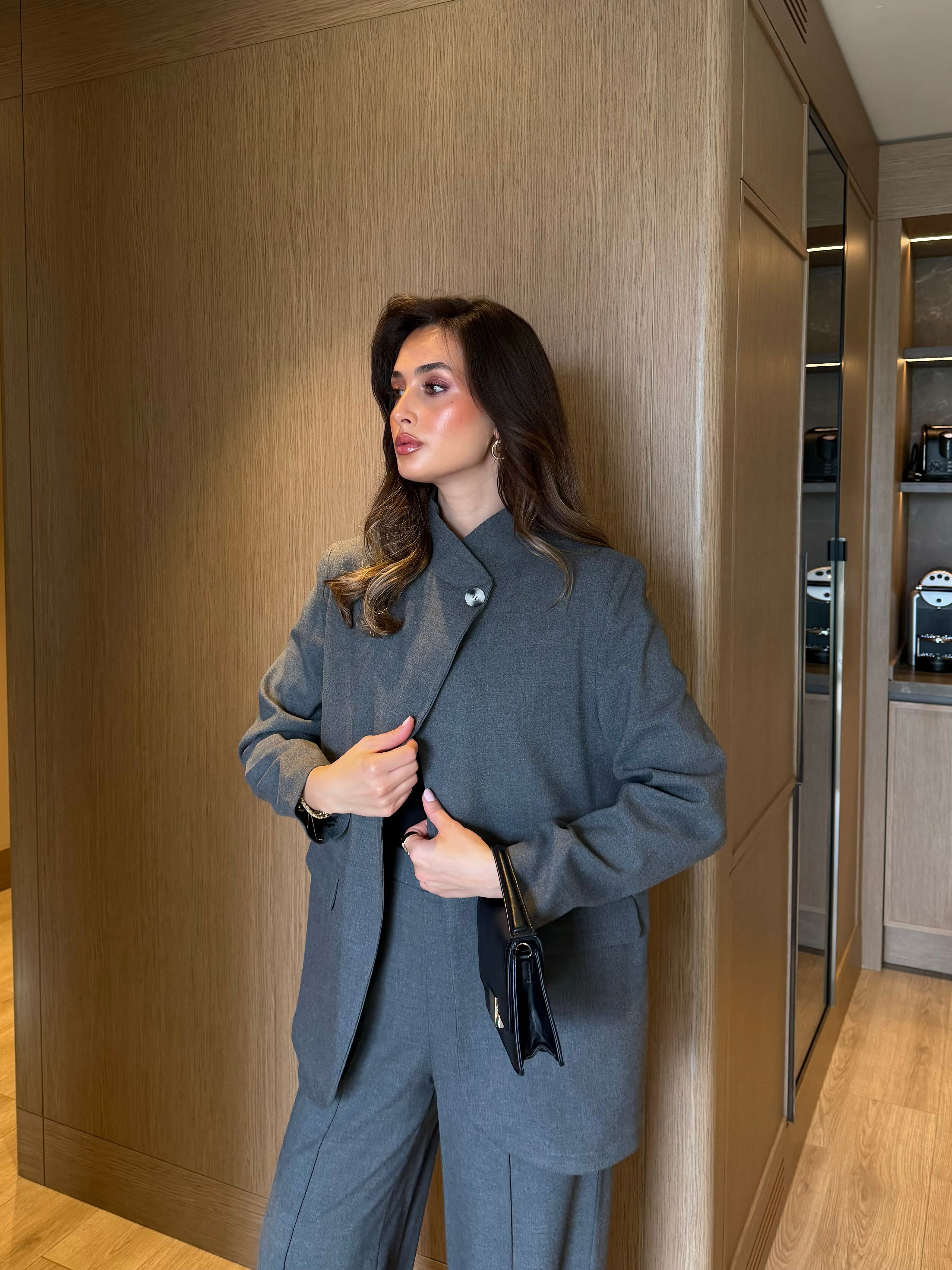 Yakadan Düğmeli Ceket Pantolon Gri Takım 