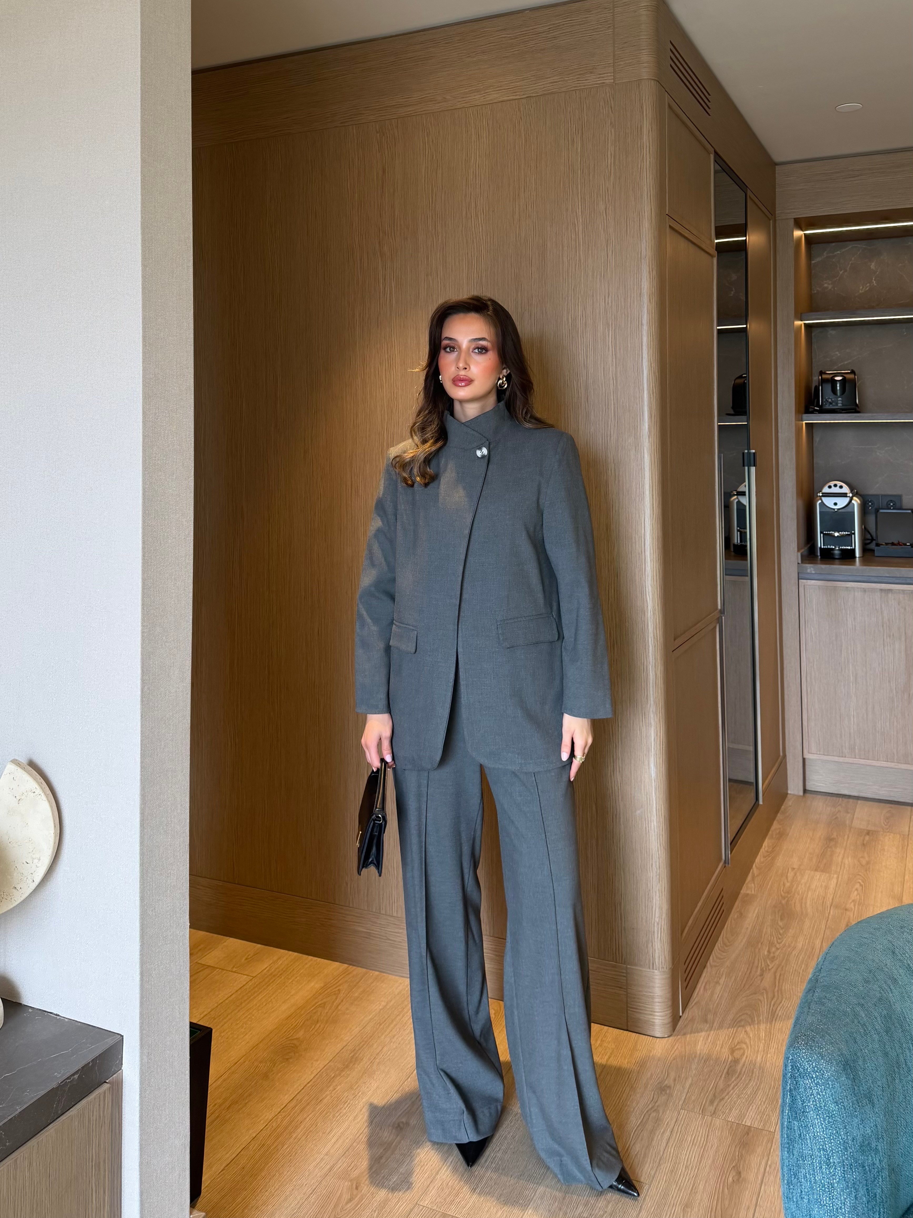 Yakadan Düğmeli Ceket Pantolon Gri Takım 