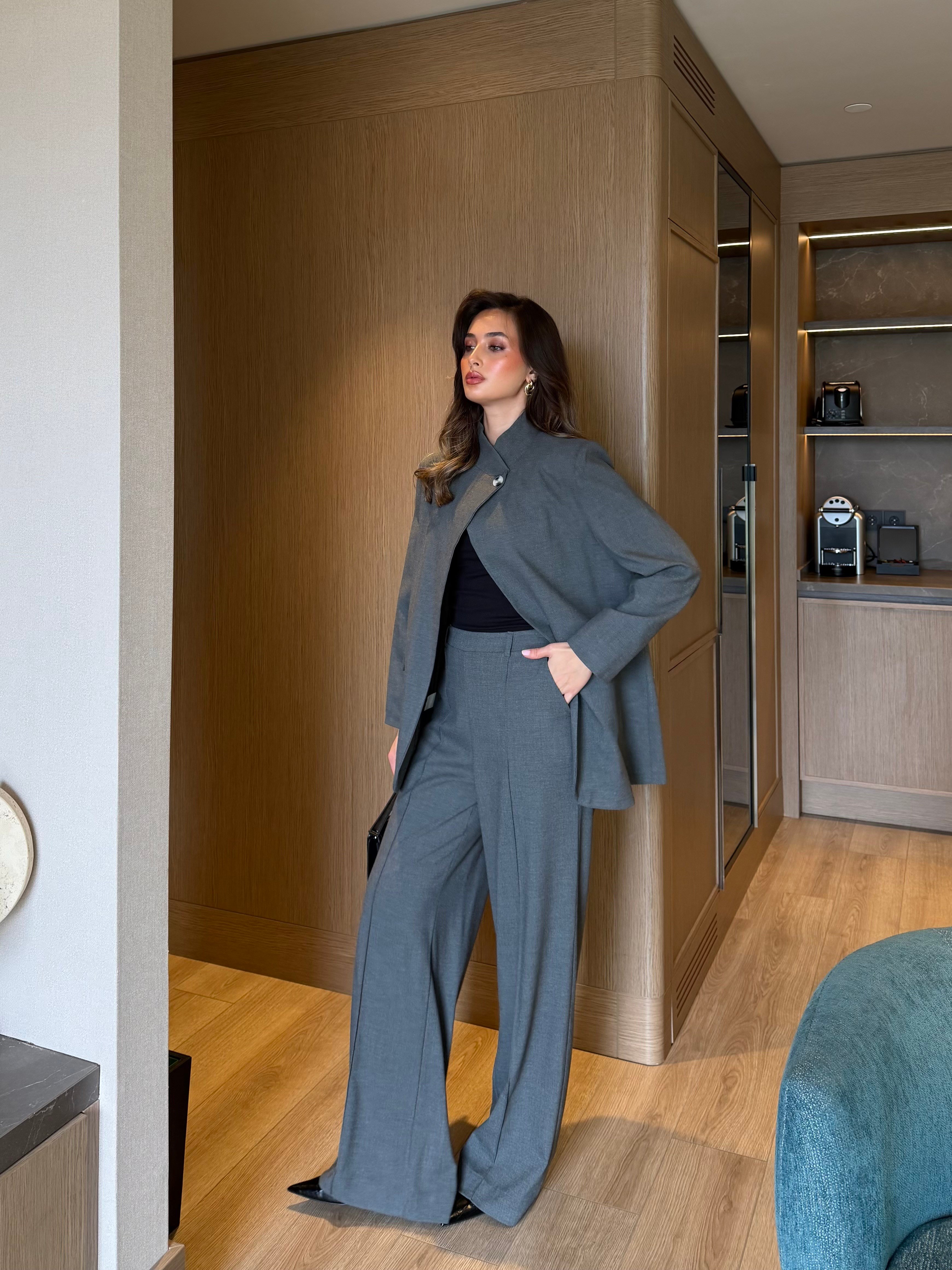 Yakadan Düğmeli Ceket Pantolon Gri Takım 