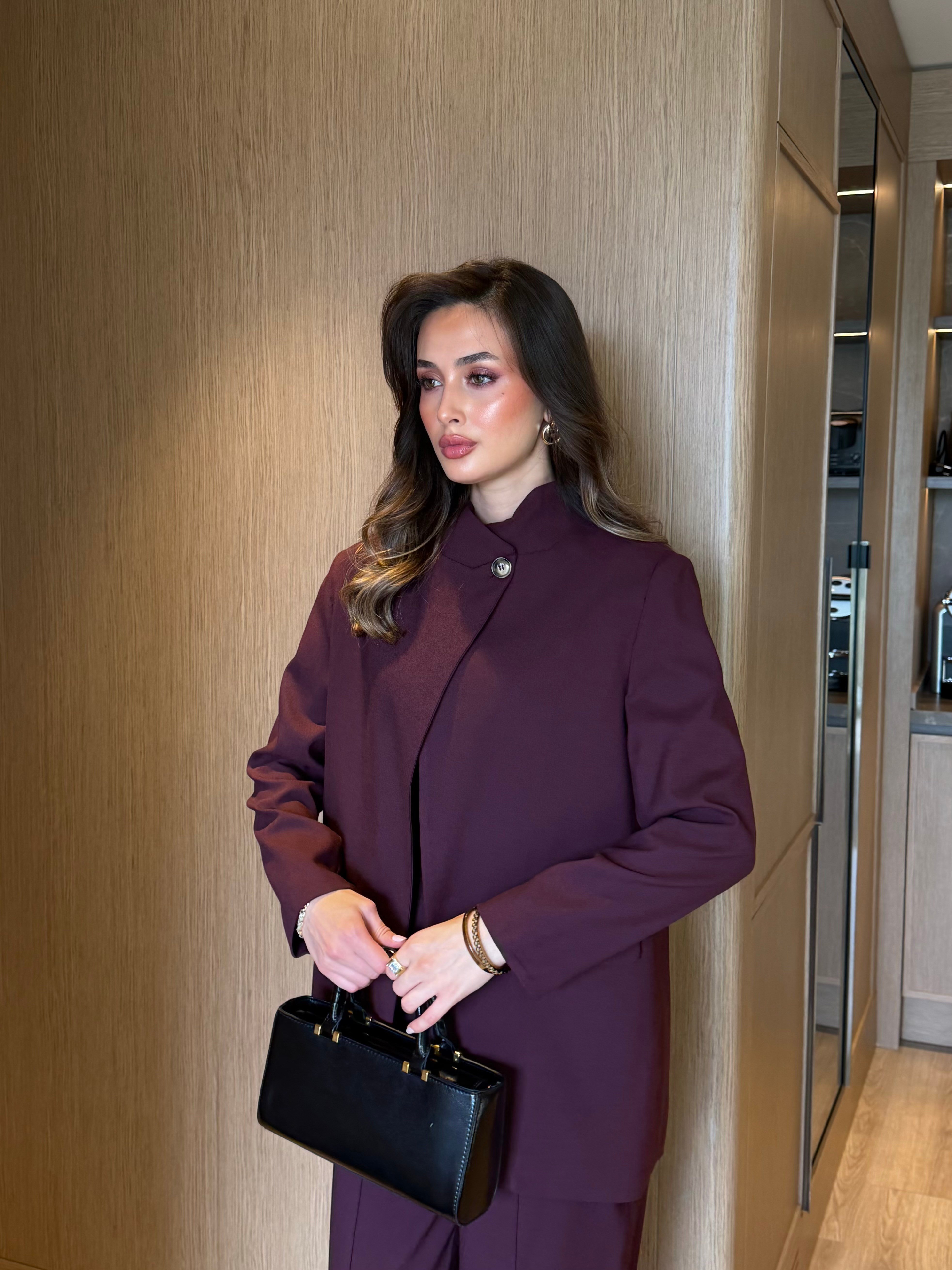 Yakadan Düğmeli Ceket Pantolon Mürdüm Takım 