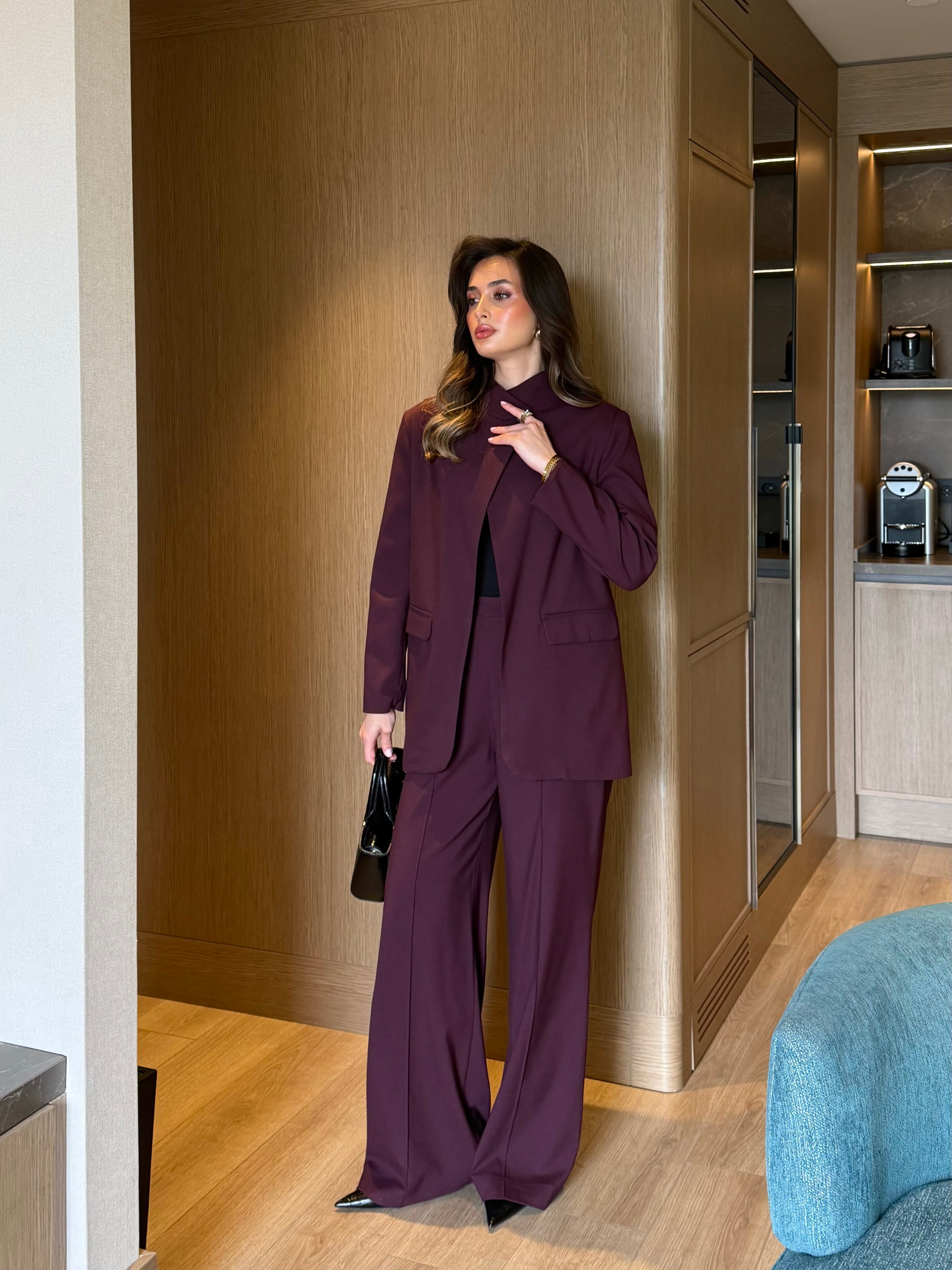 Yakadan Düğmeli Ceket Pantolon Mürdüm Takım 