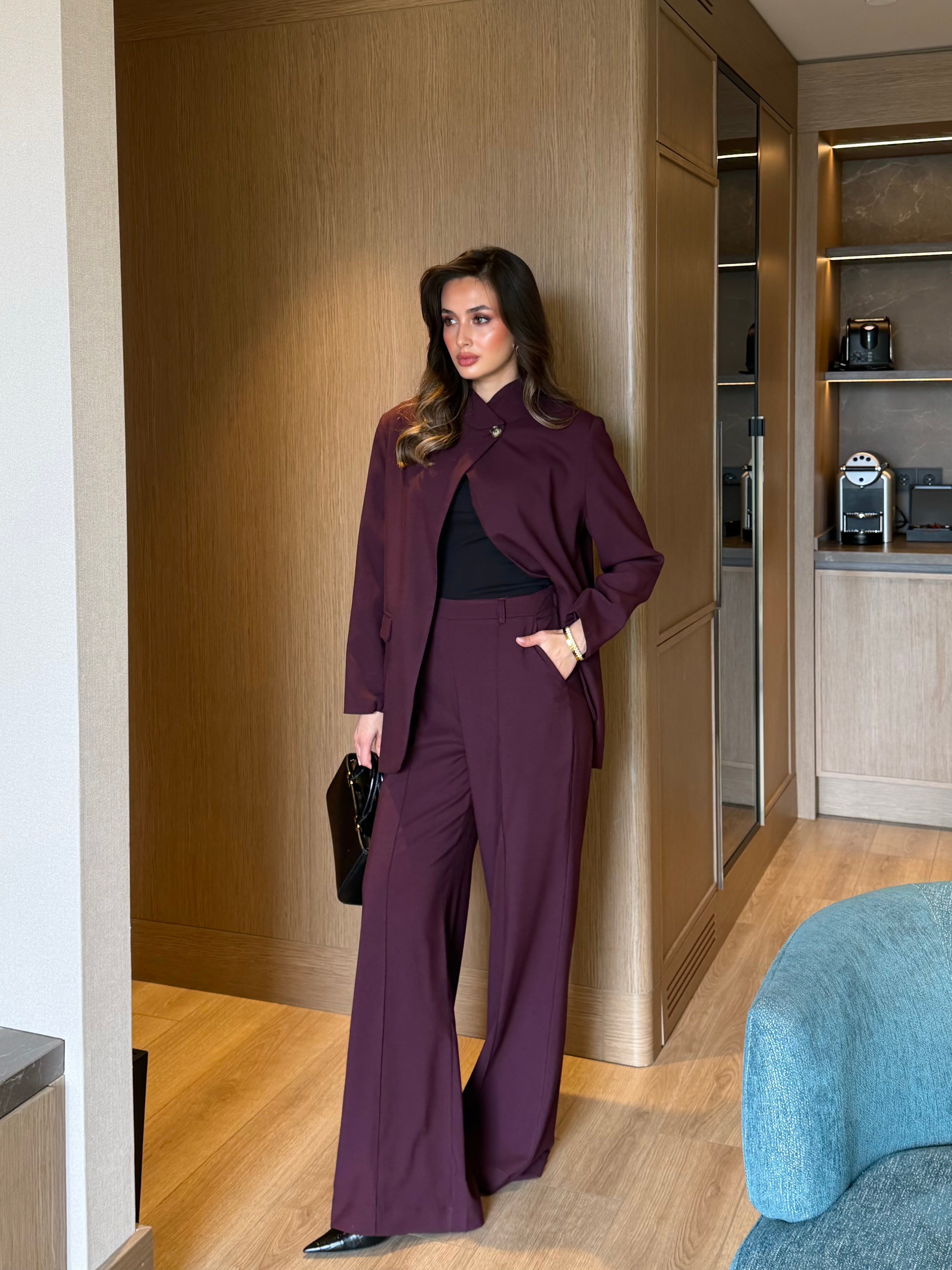 Yakadan Düğmeli Ceket Pantolon Mürdüm Takım 