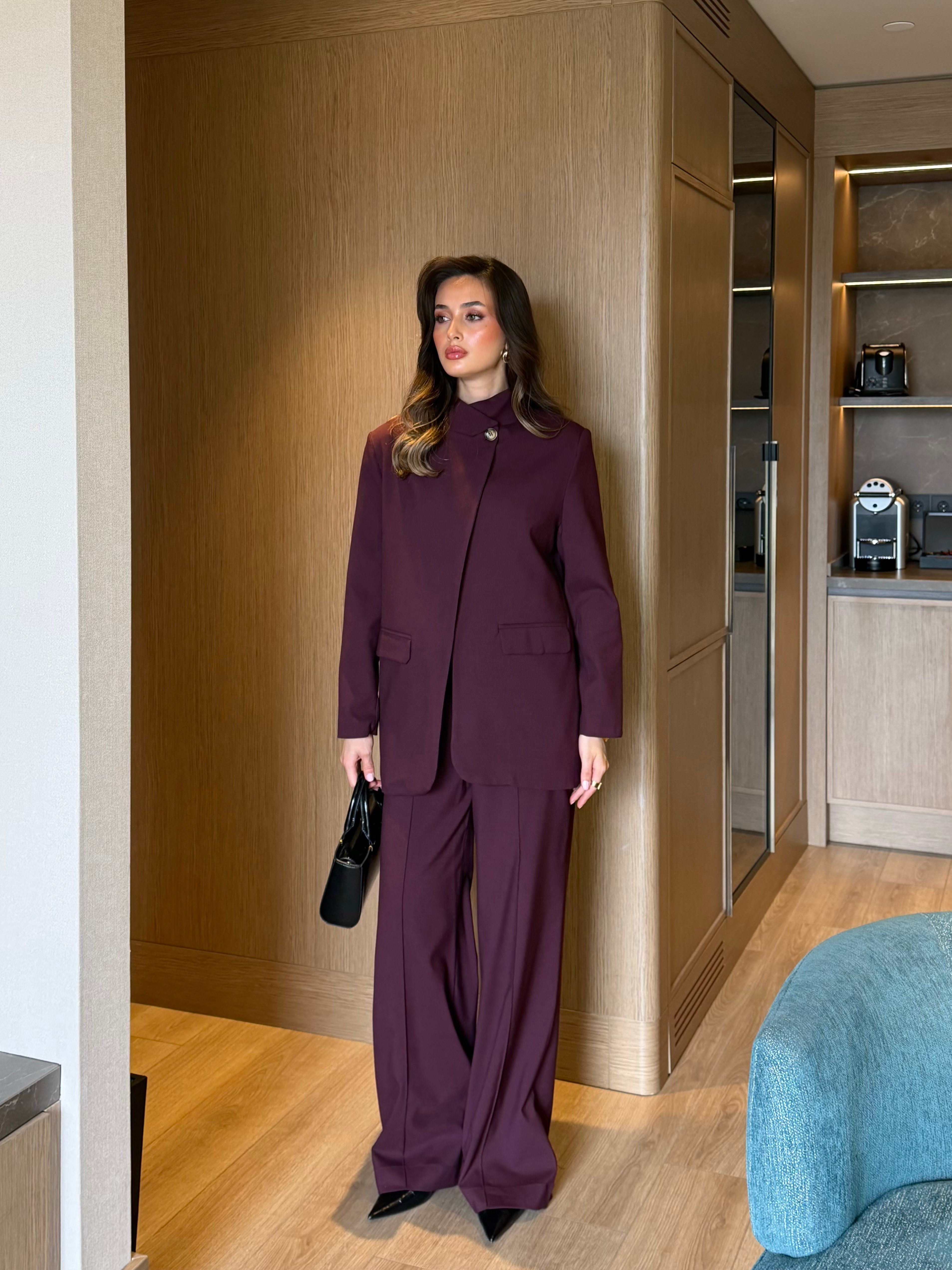 Yakadan Düğmeli Ceket Pantolon Mürdüm Takım 