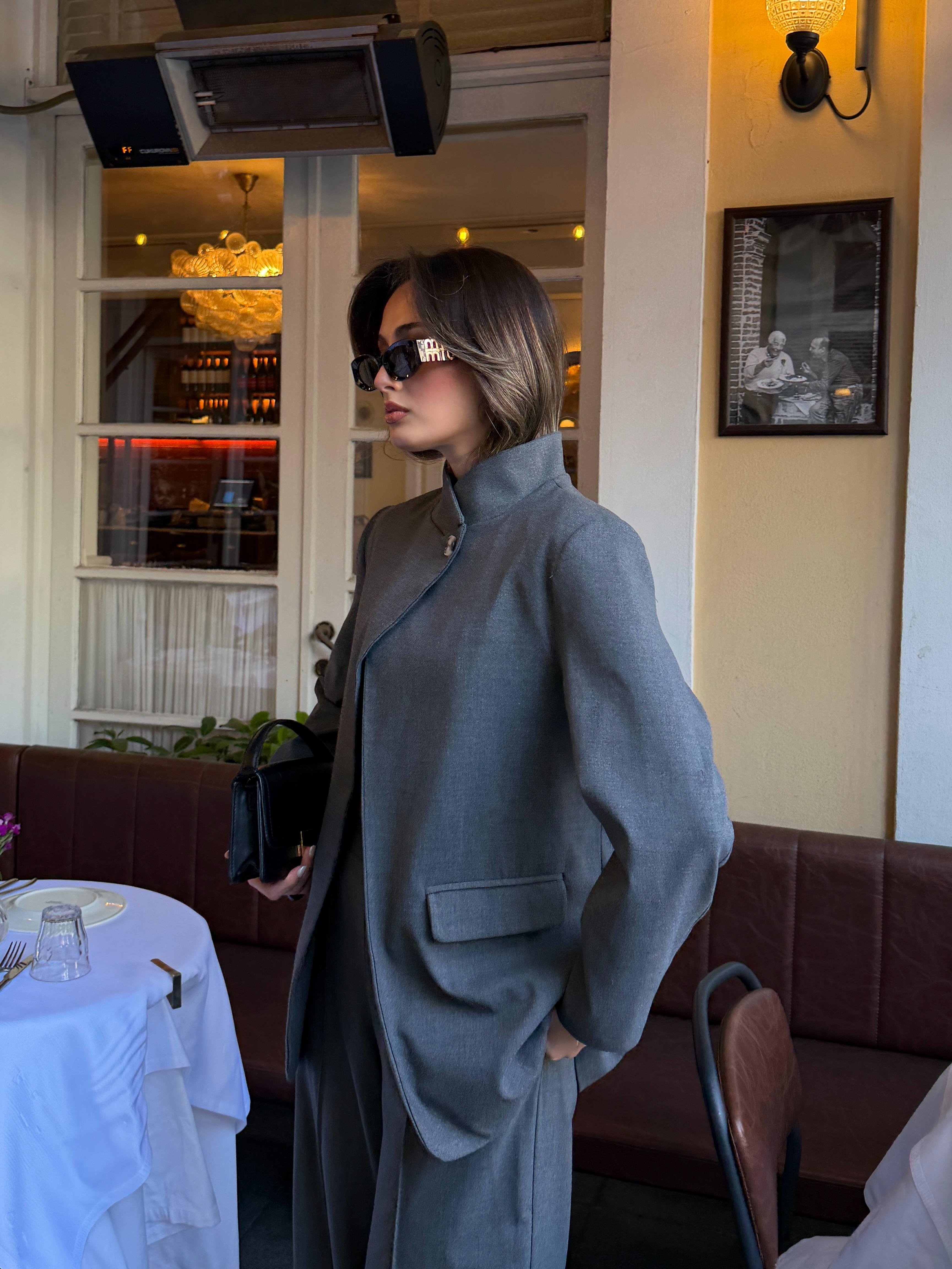 Yakadan Düğmeli Cepli Ceket Pantolon Gri Takım 