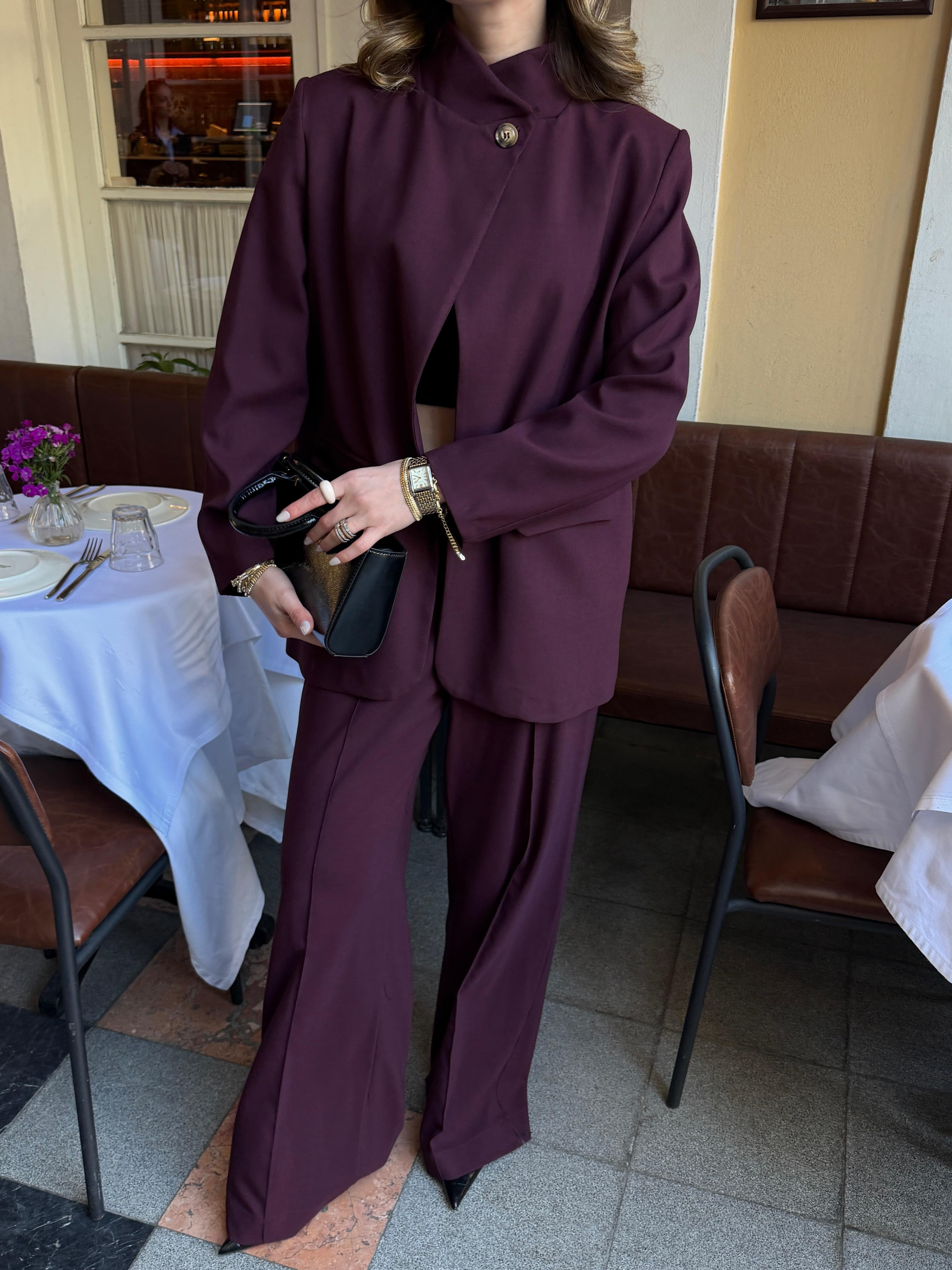 Yakadan Düğmeli Cepli Ceket Pantolon Mürdüm Takım
