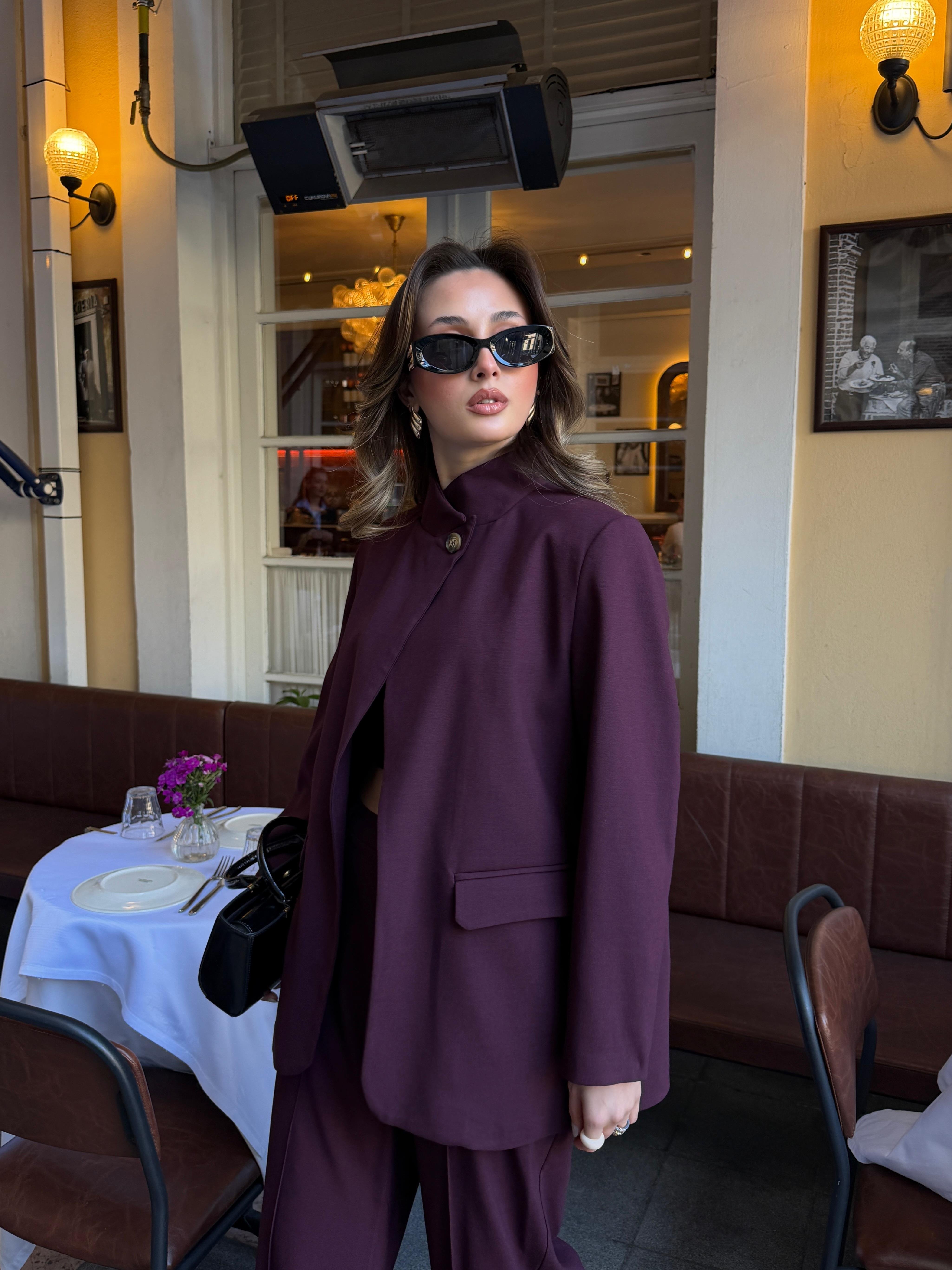 Yakadan Düğmeli Cepli Ceket Pantolon Mürdüm Takım