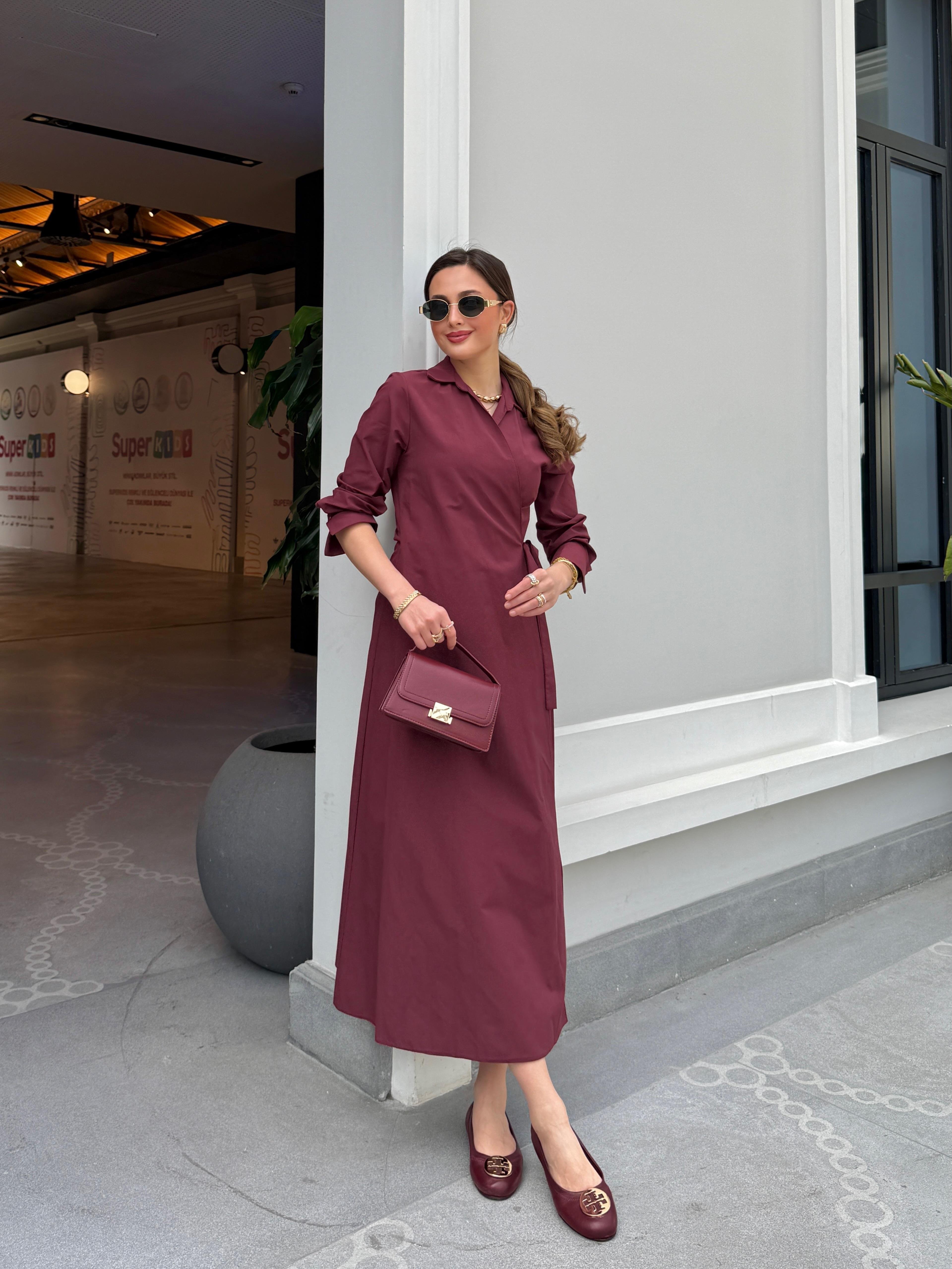 Yandan Bağlamalı Bordo Elbise