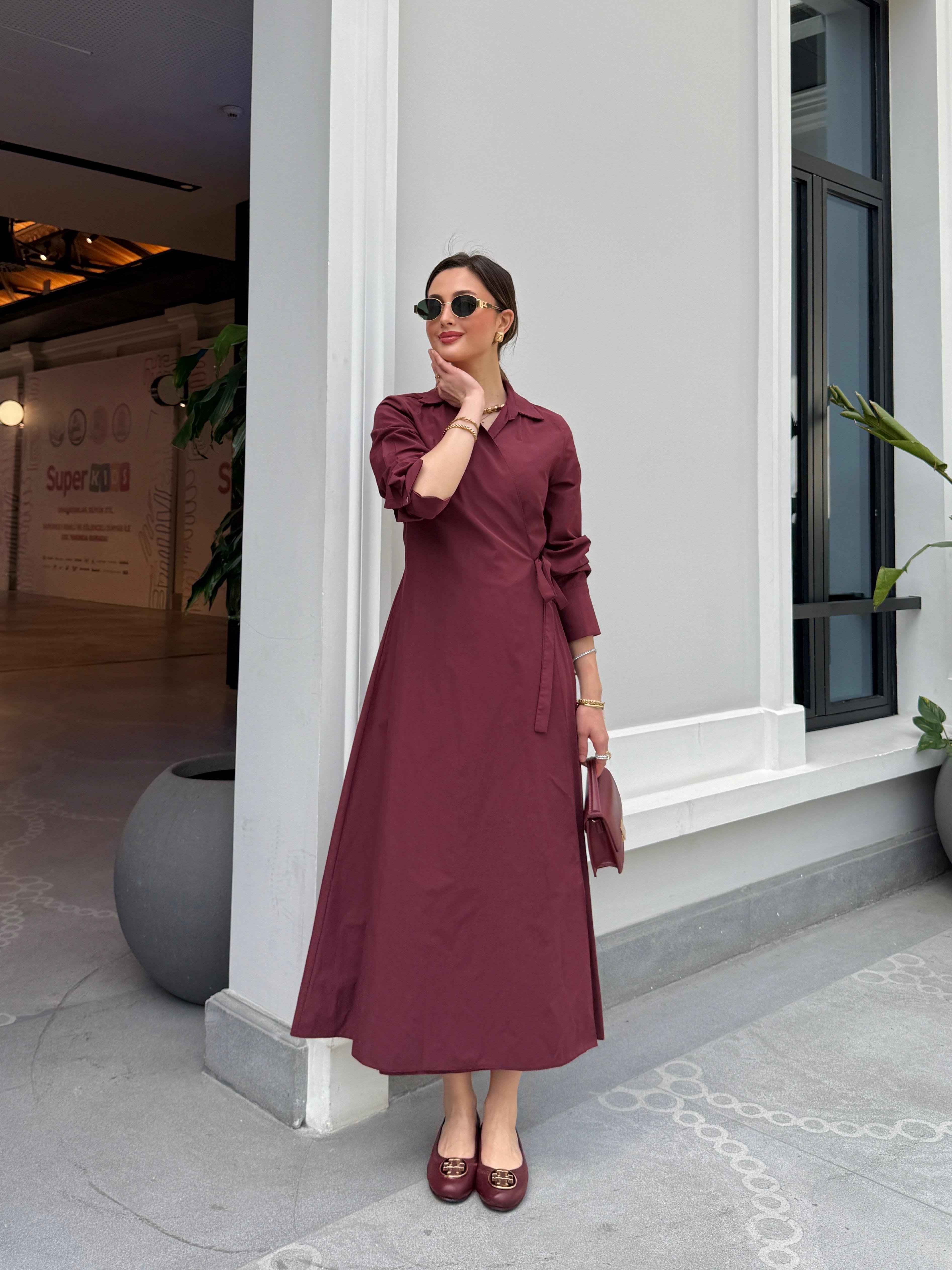 Yandan Bağlamalı Bordo Elbise