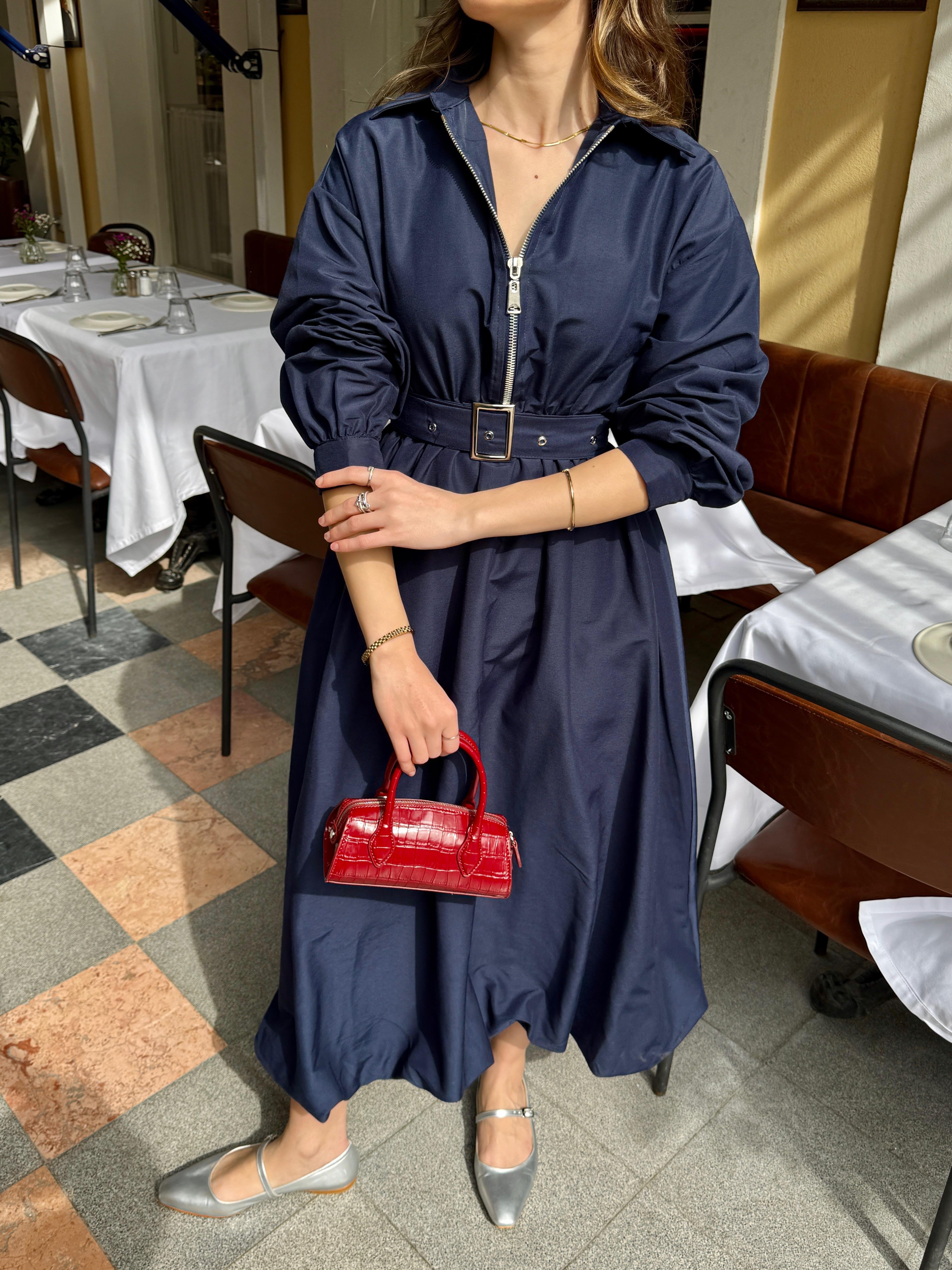 Yarım Fermuarlı Lacivert Poplin Elbise