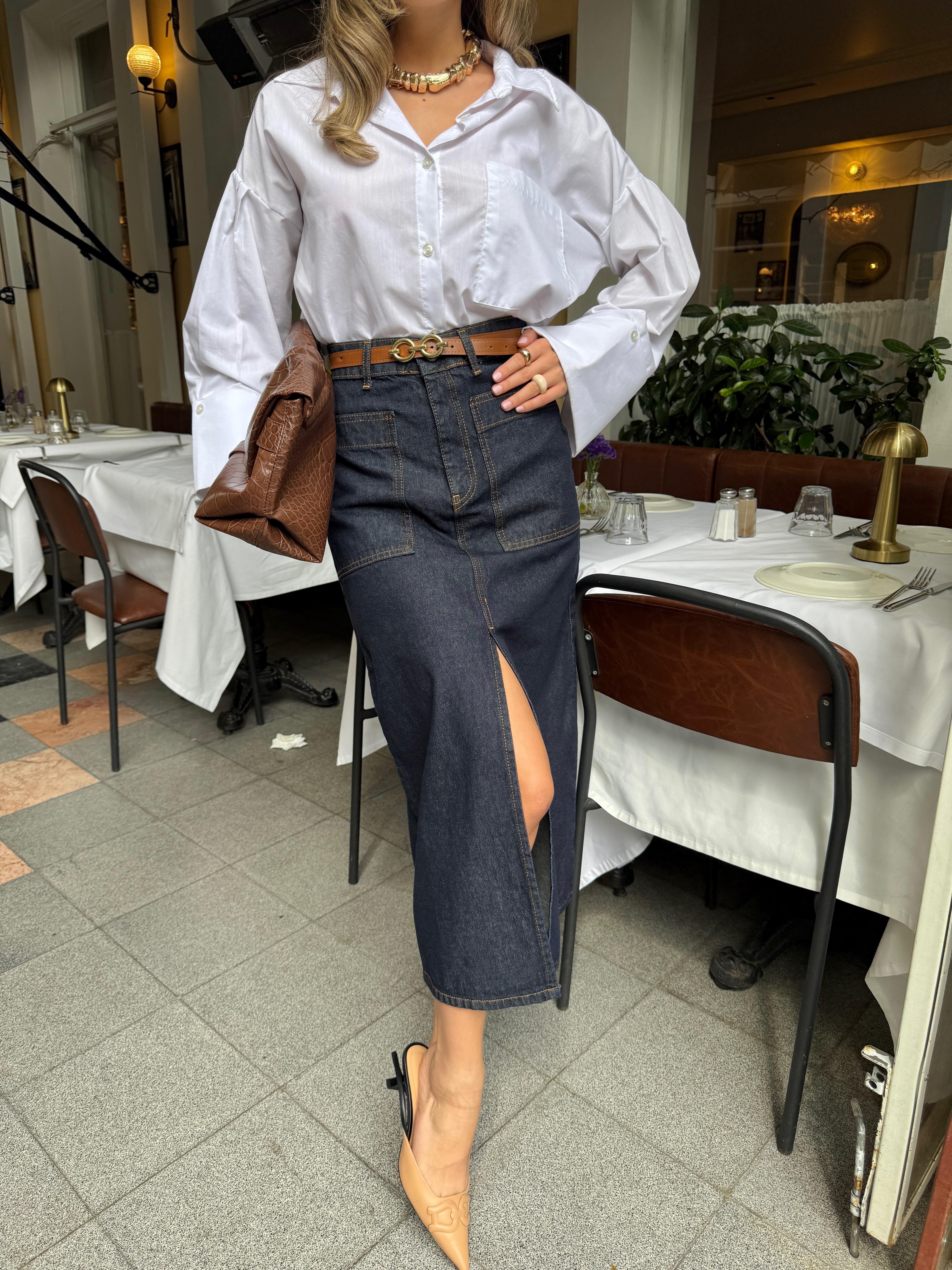 Yırtmaçlı Denim Etek 