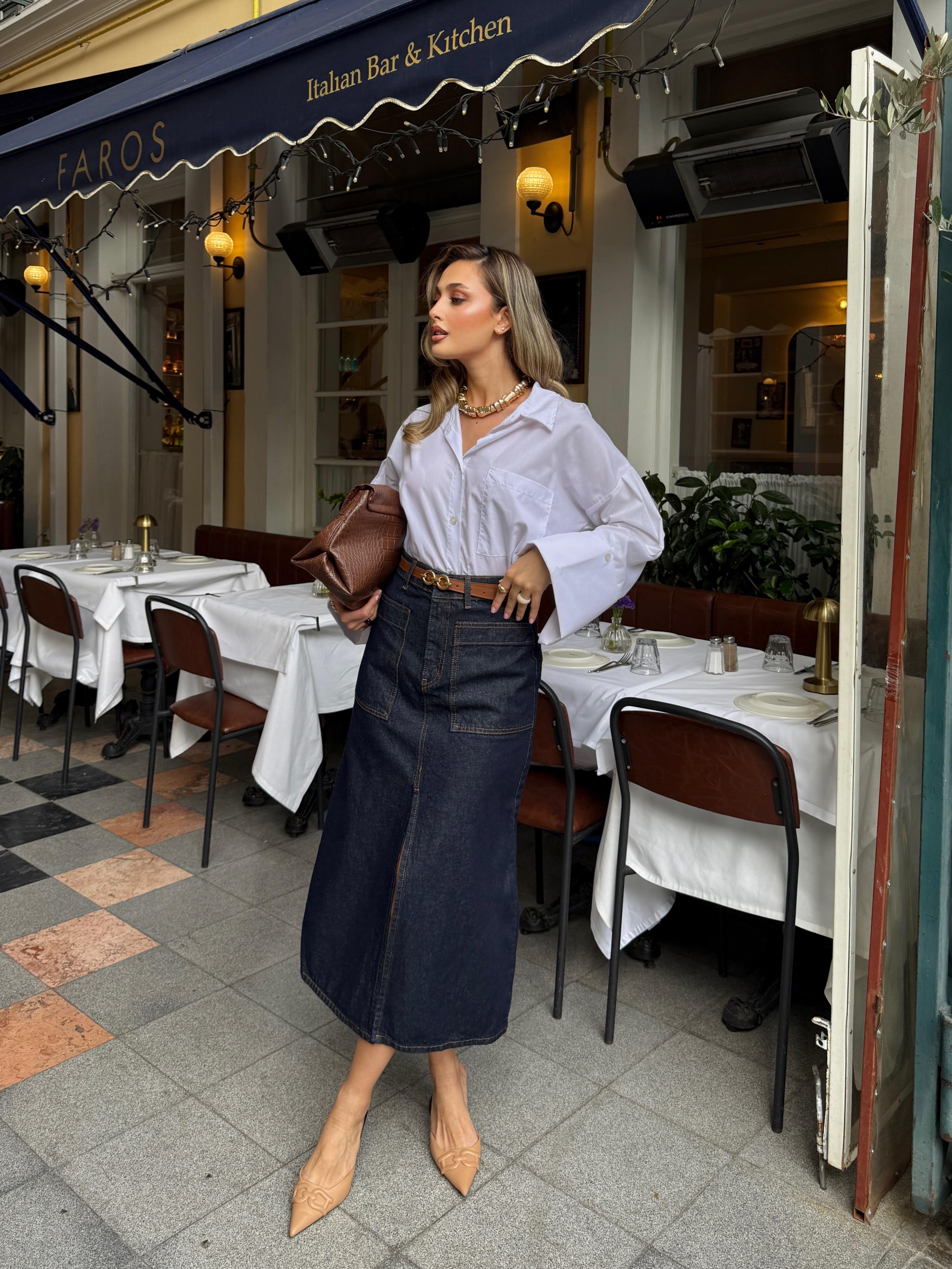 Yırtmaçlı Denim Etek 