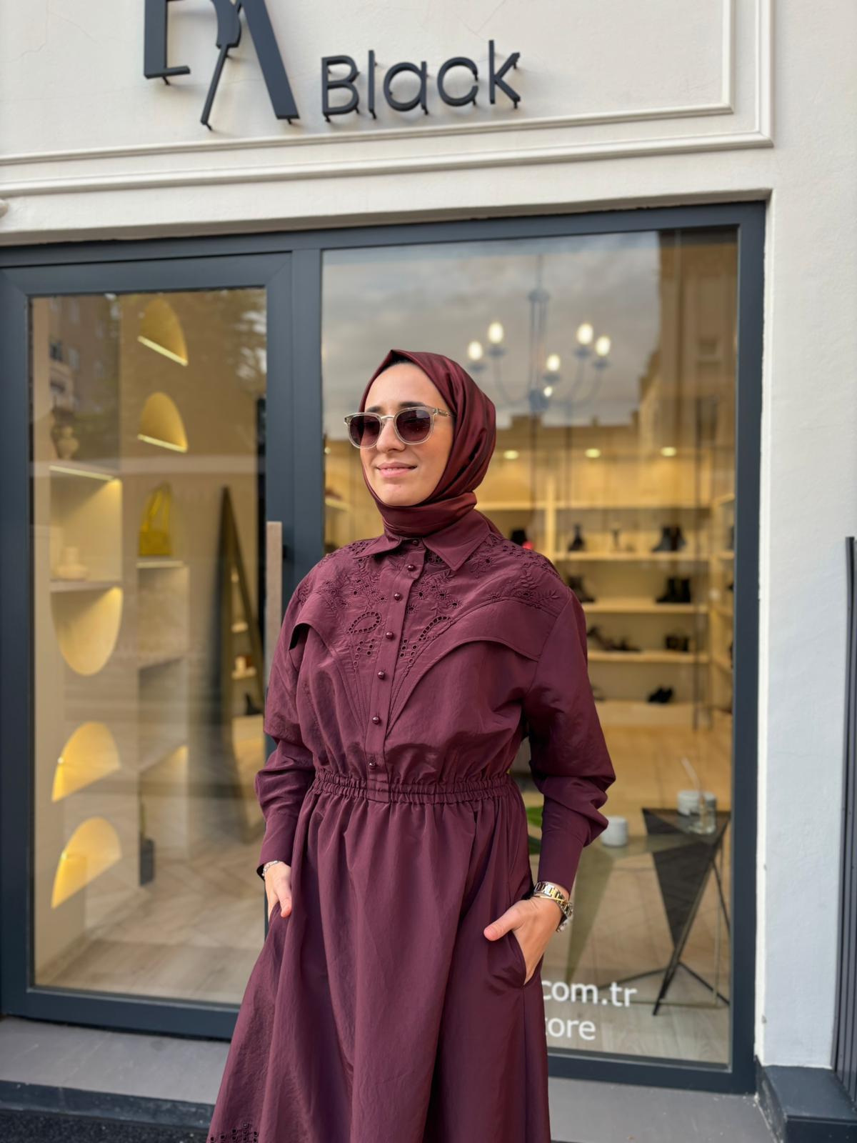 25025023 Güpür Detay Kadın Elbise Bordo