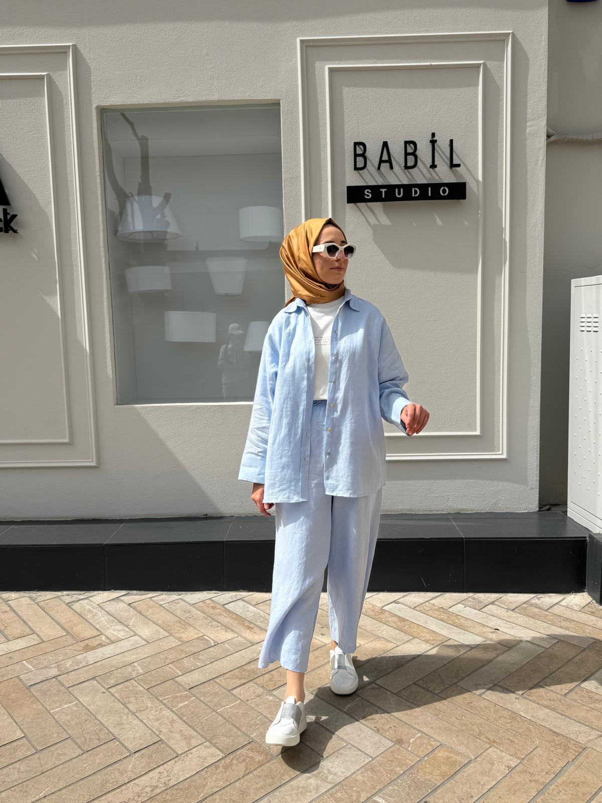 25SS212 Keten Basic Kadın Gömlek Bebek Mavi