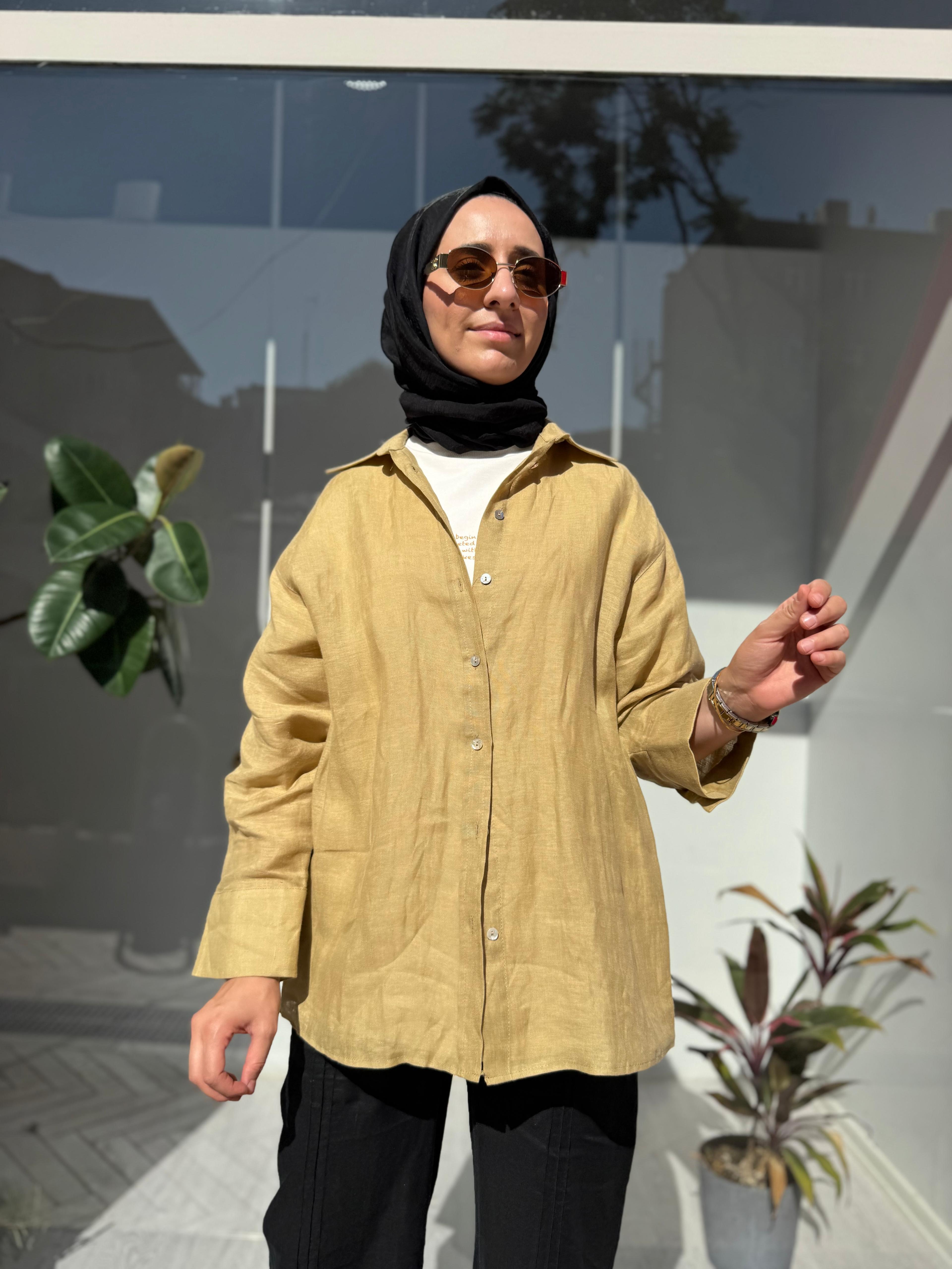 25SS212 Keten Basic Kadın Gömlek Hardal Sarısı