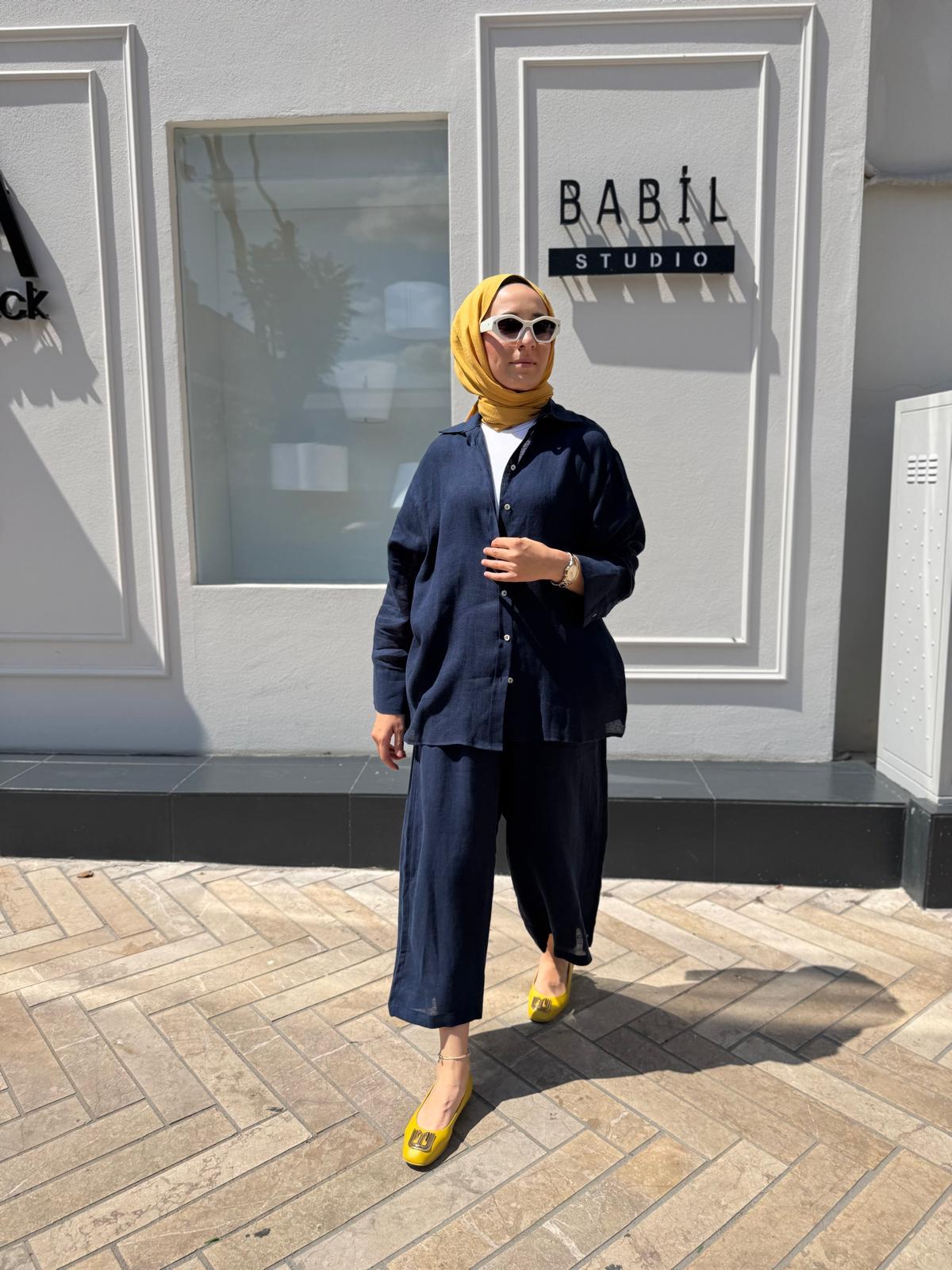 25SS212 Keten Basic Kadın Gömlek LACİVERT DÜZ