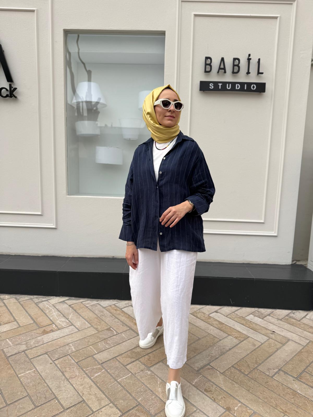 25SS212 Keten Basic Kadın Gömlek Lacivert