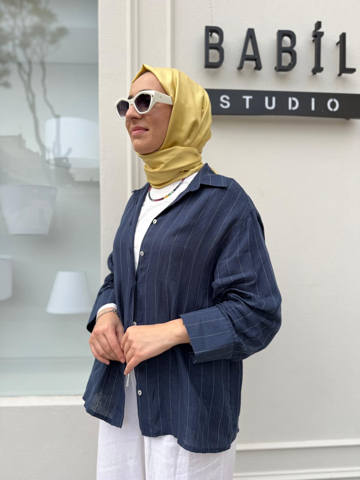 25SS212 Keten Basic Kadın Gömlek Lacivert
